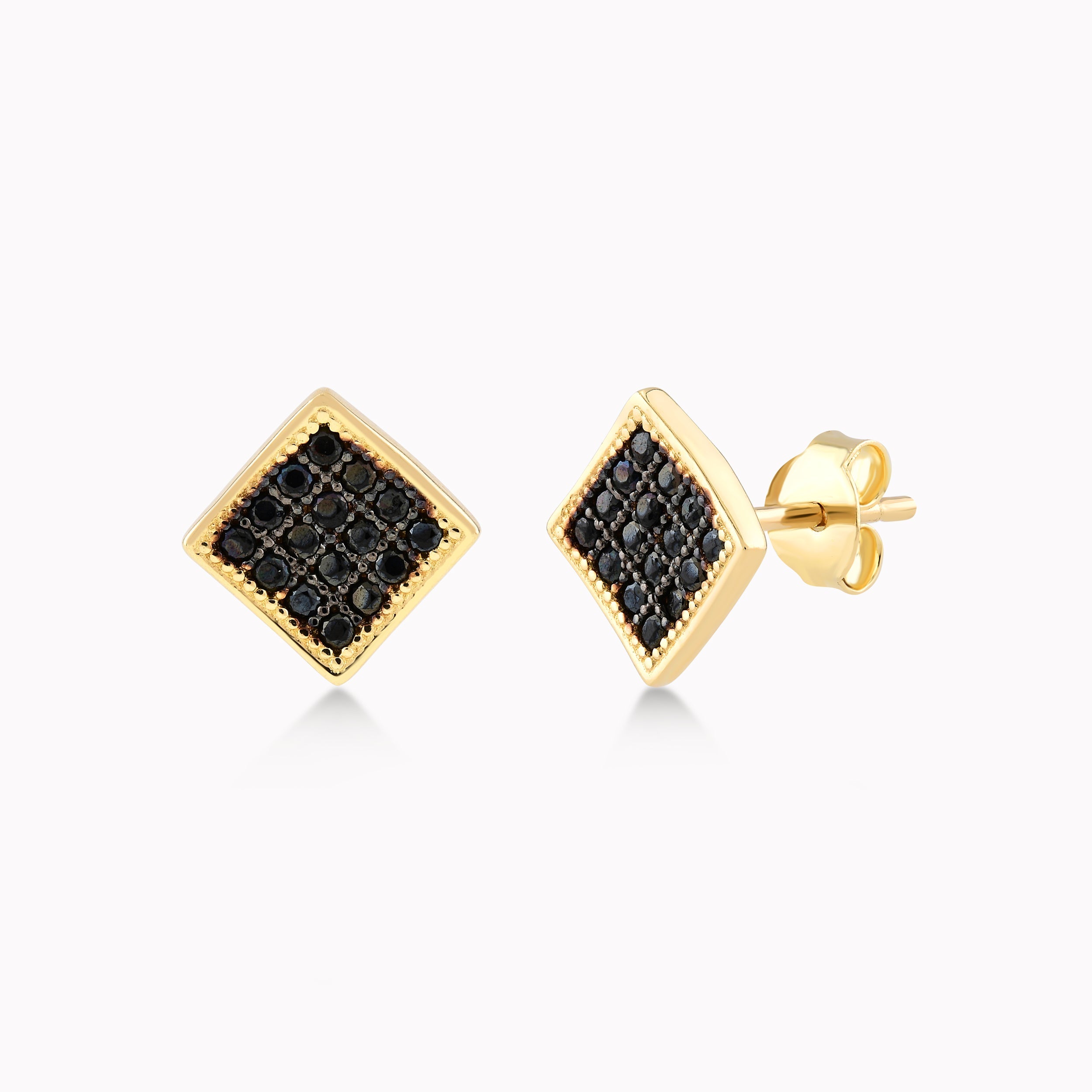 Yellow Gold 14K Earrings With Black Zirconium, Square 1.70gr