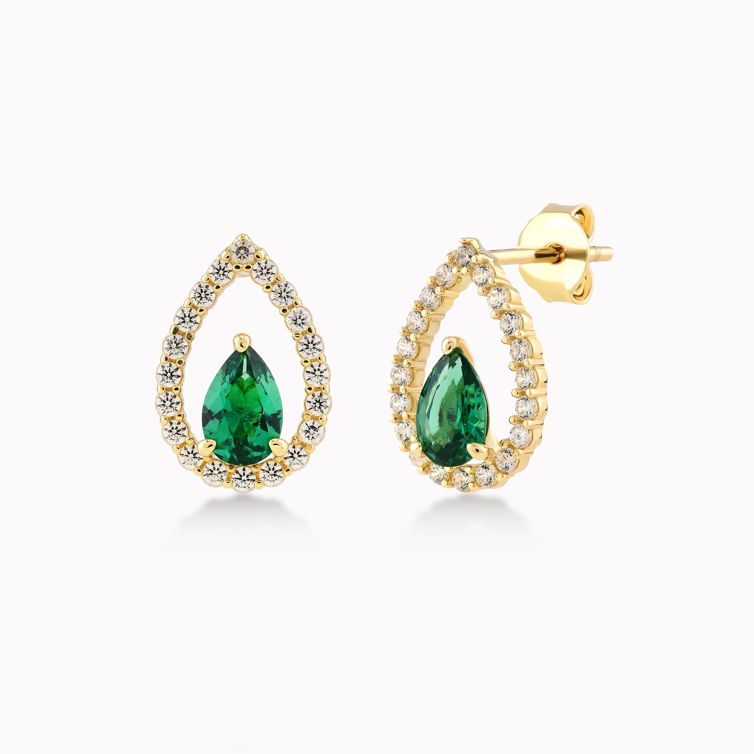 Yellow Gold 14K Earrings With Green And White Zirconium, Teardrop 1.76gr