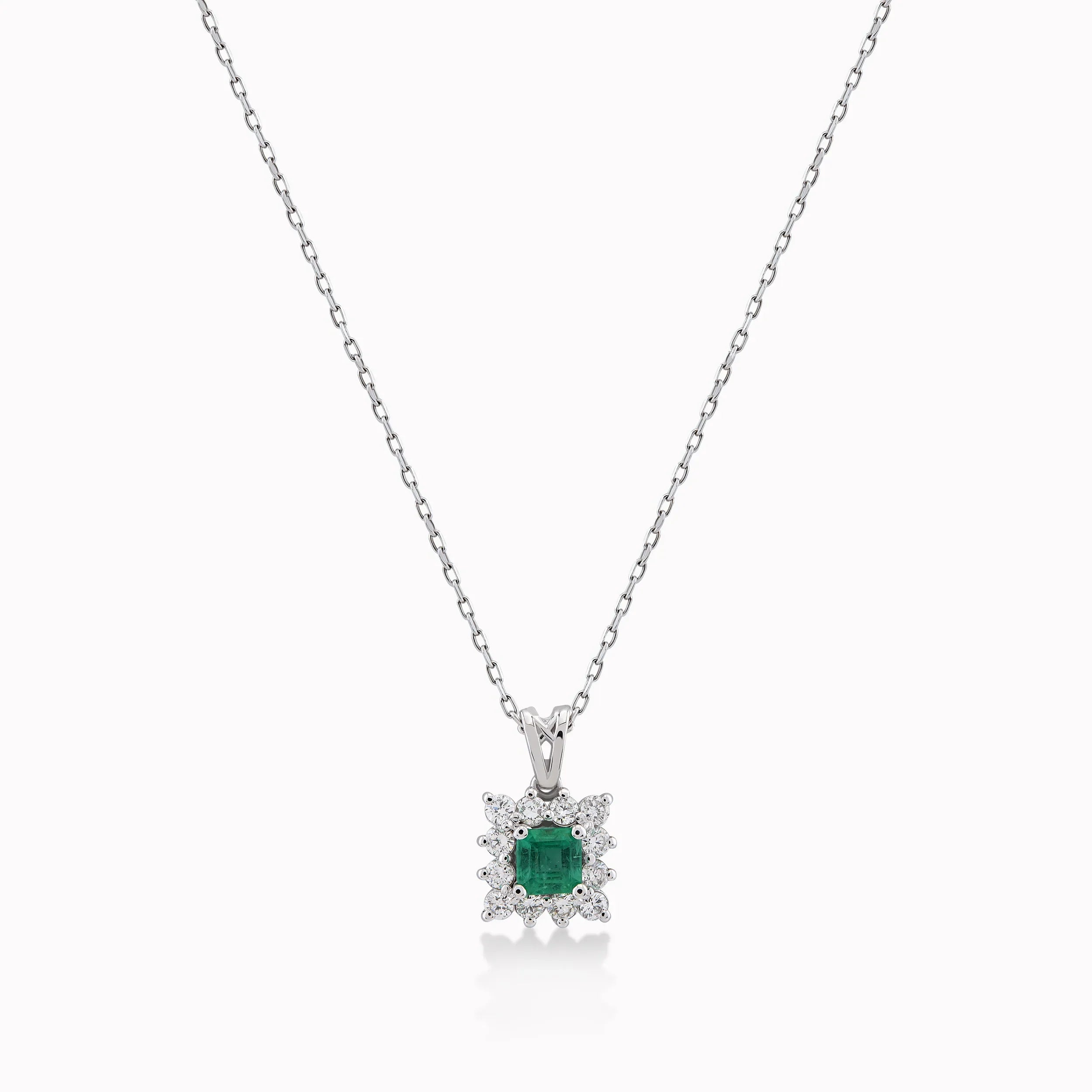 Chain with 14K White Gold Pendant with 0.35ct Diamonds and 0.41ct Emerald