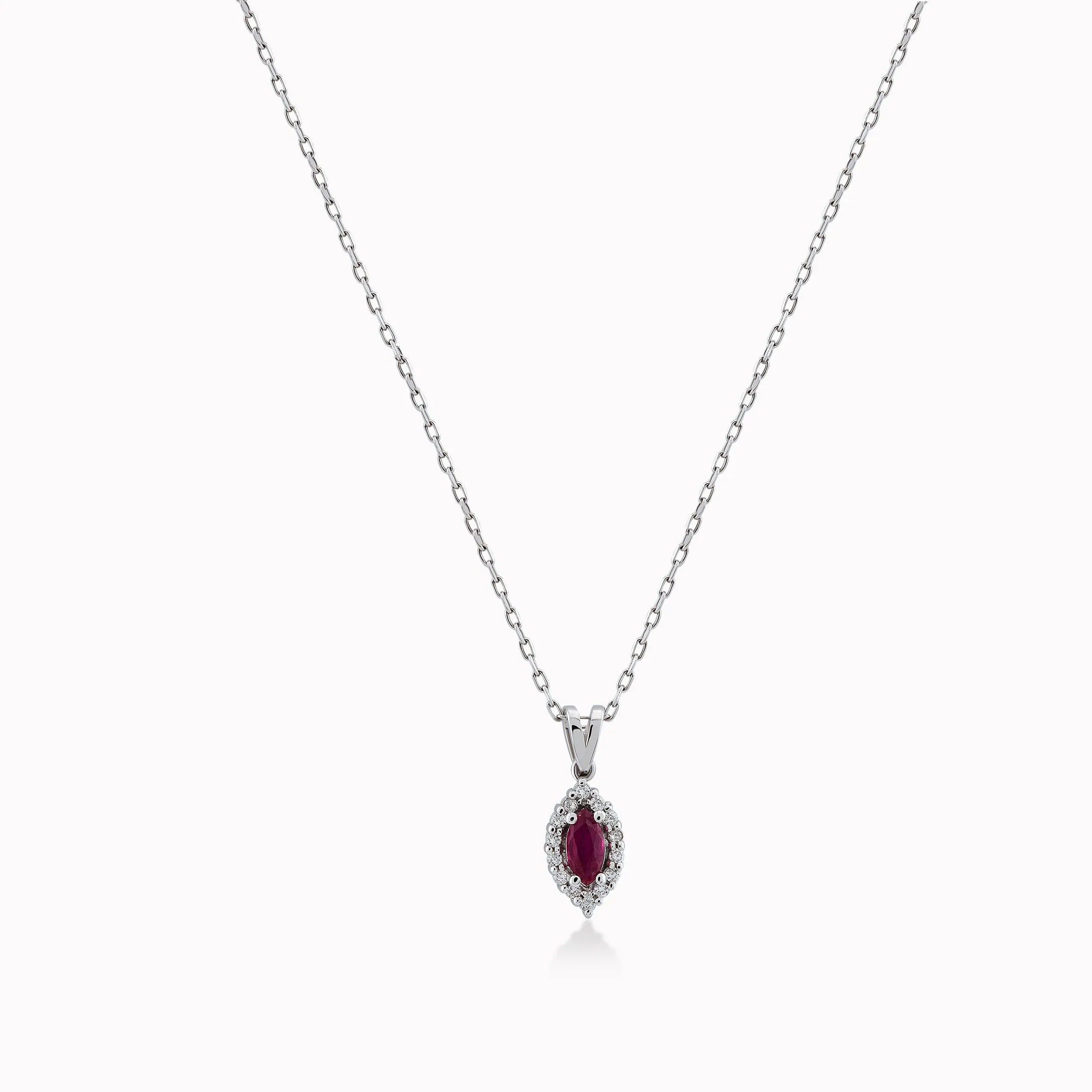 14K White Gold Pendant Chain with 0.05ct Diamonds and 0.17ct Ruby