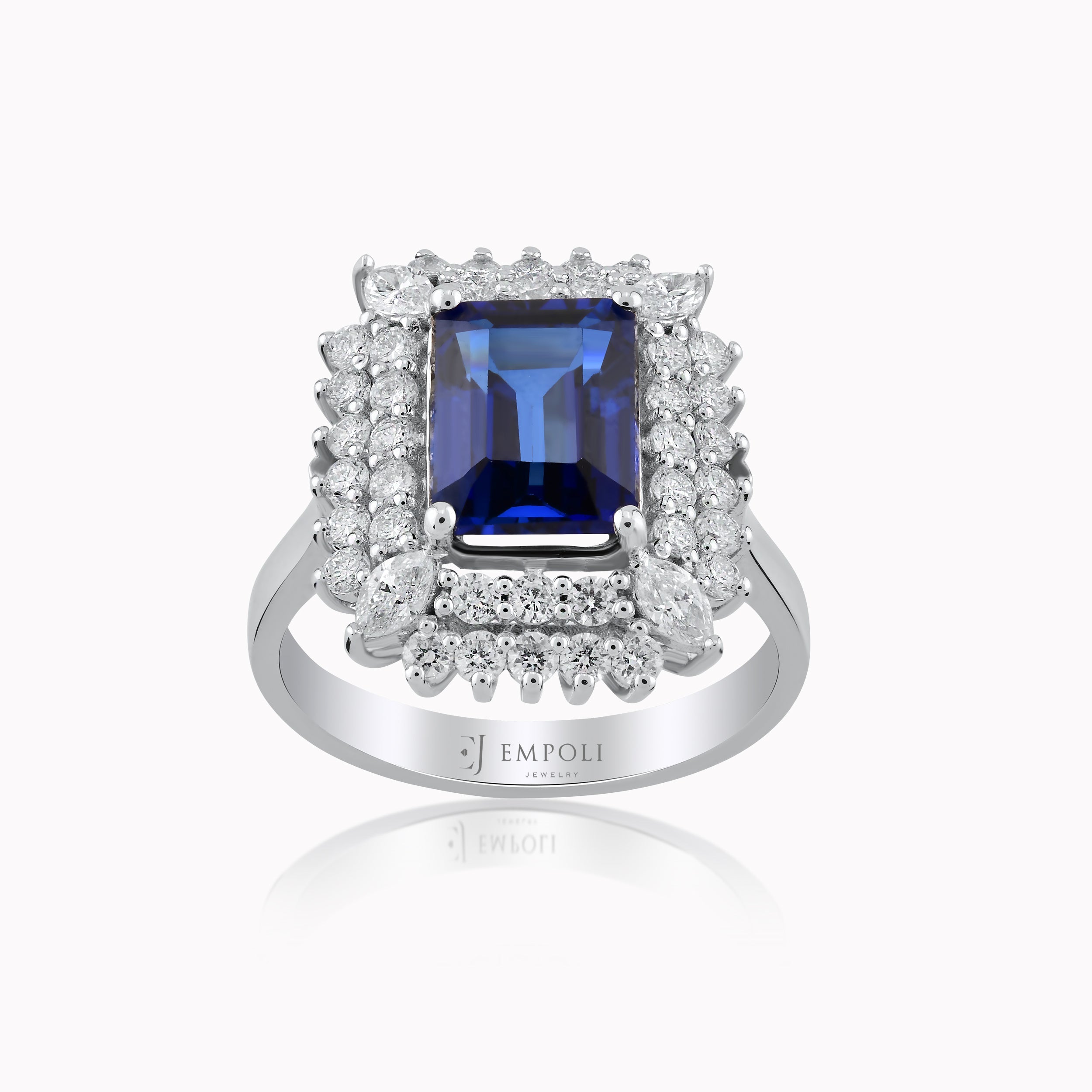 White Gold Ring 14K with Diamonds 1.02ct and Blue Topaz 4.30ct