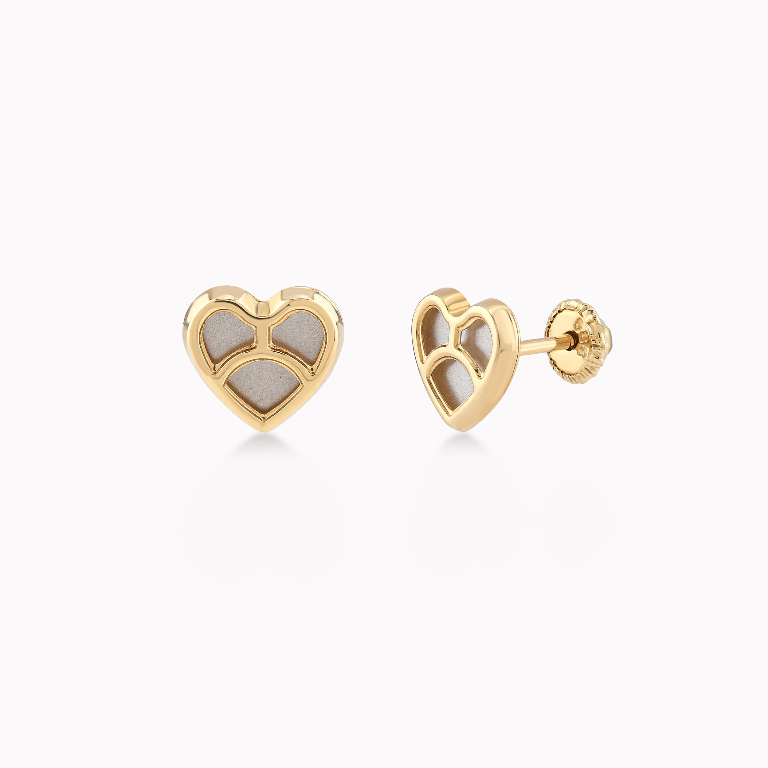 14k Yellow Gold Earrings With Mother of Pearl, Heart, Protection 0.45gr