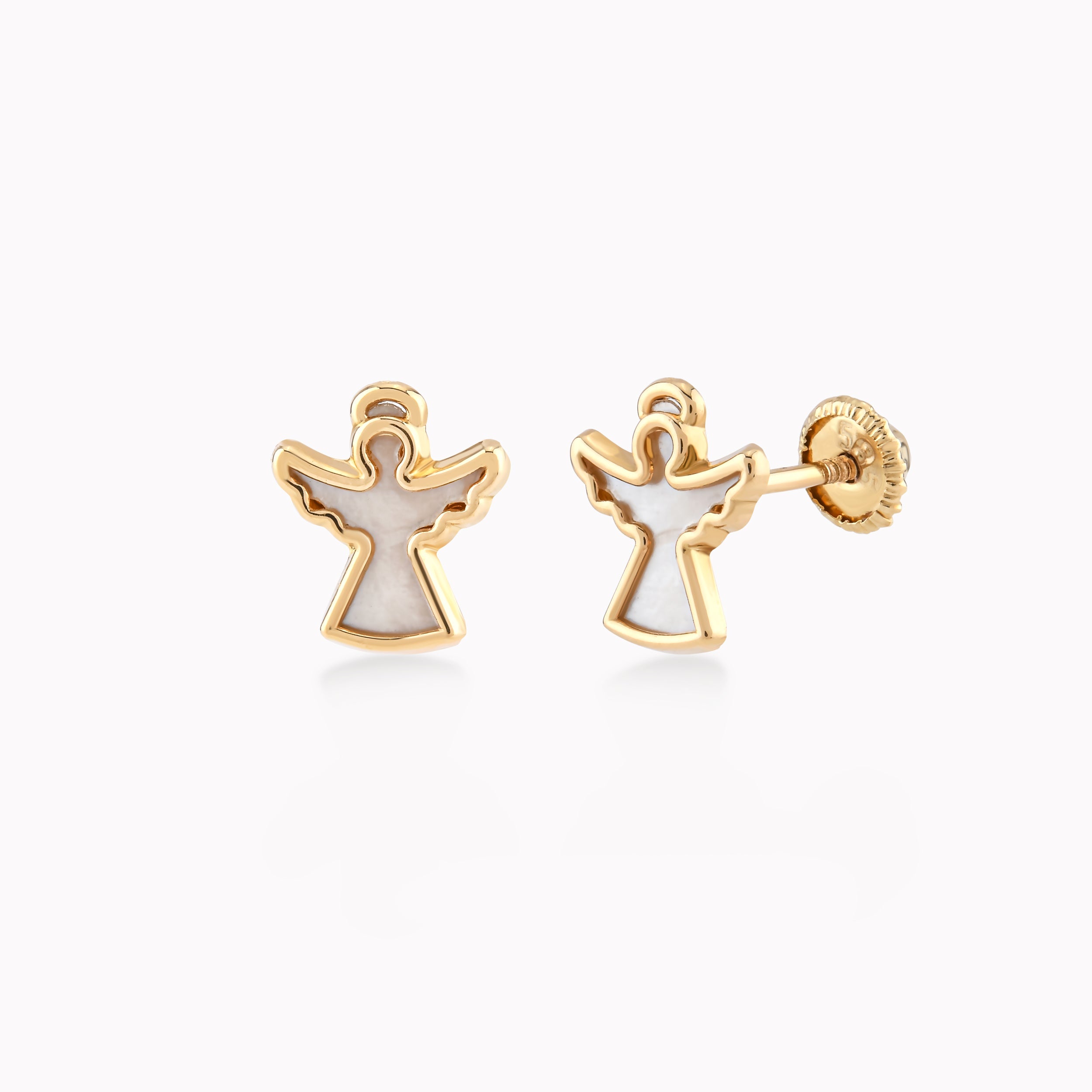 14k Yellow Gold Earrings with Mother of Pearl, Angel, Protection 0.36gr
