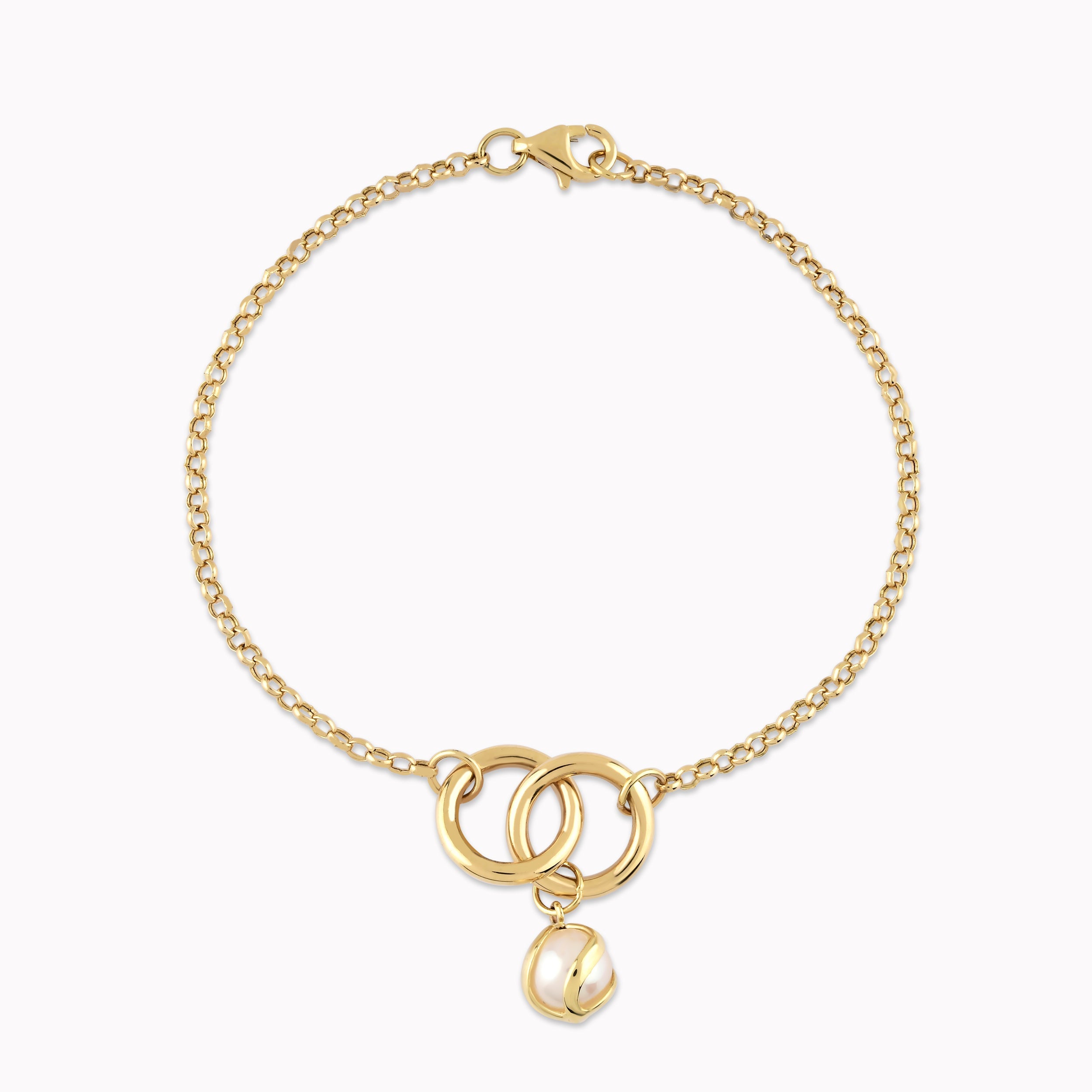 14K Yellow Gold Bracelet with Cultured Pearl and Circles 2.69gr