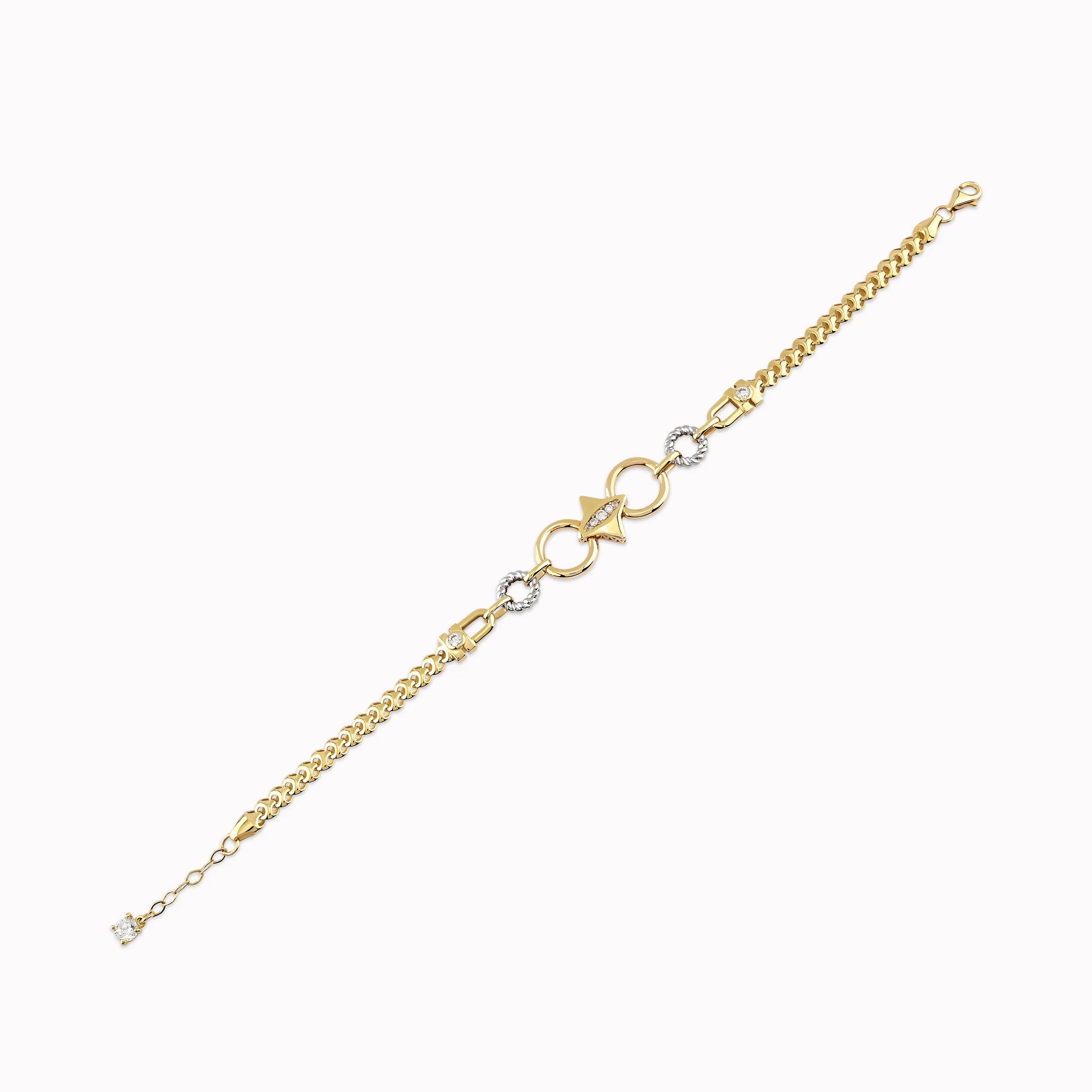14K Yellow Gold Bracelet with White Zircon Star and White Gold Circles 6.17gr
