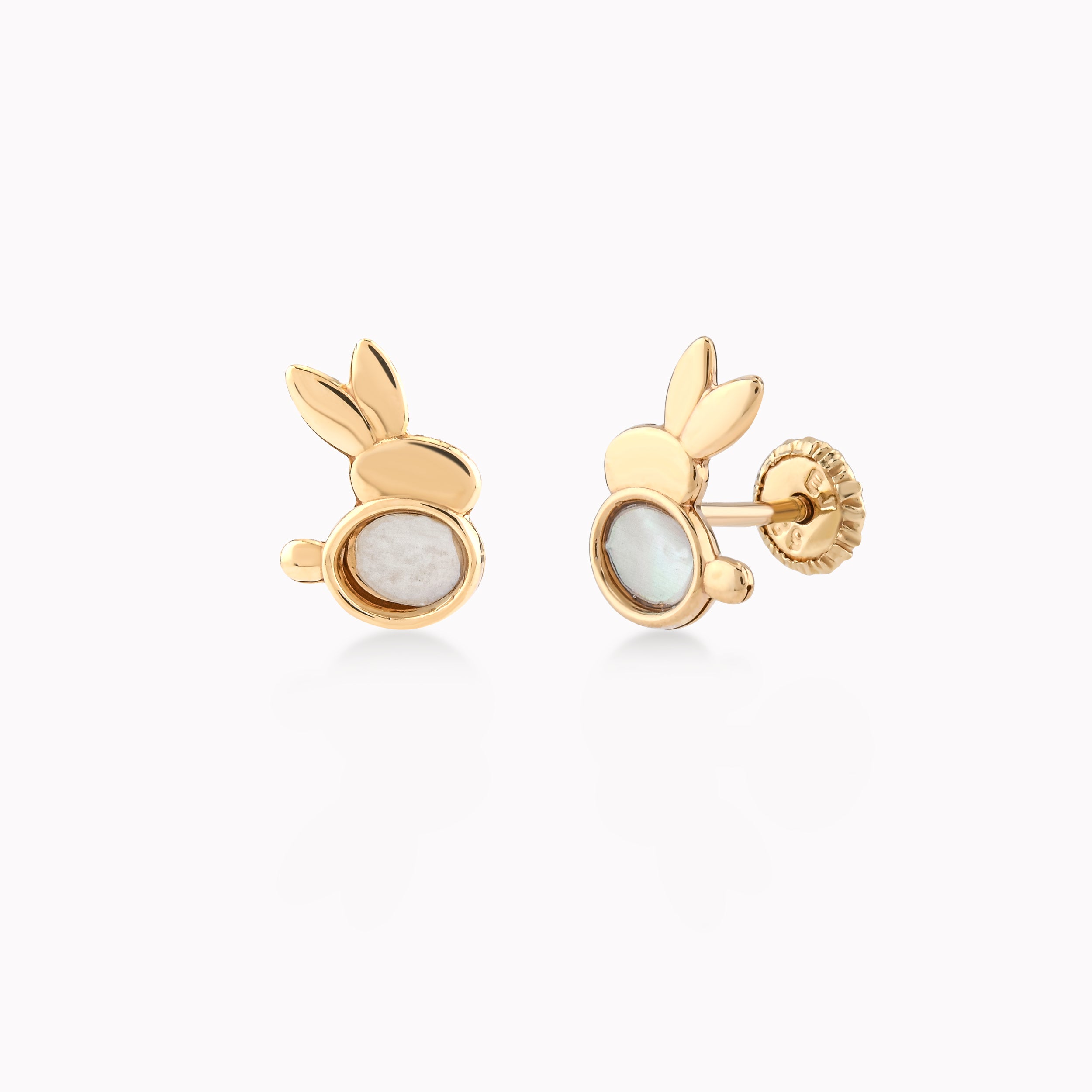 Yellow Gold 14k Earrings With Mother-of-Pearl, Rabbit, Protection 0.38gr