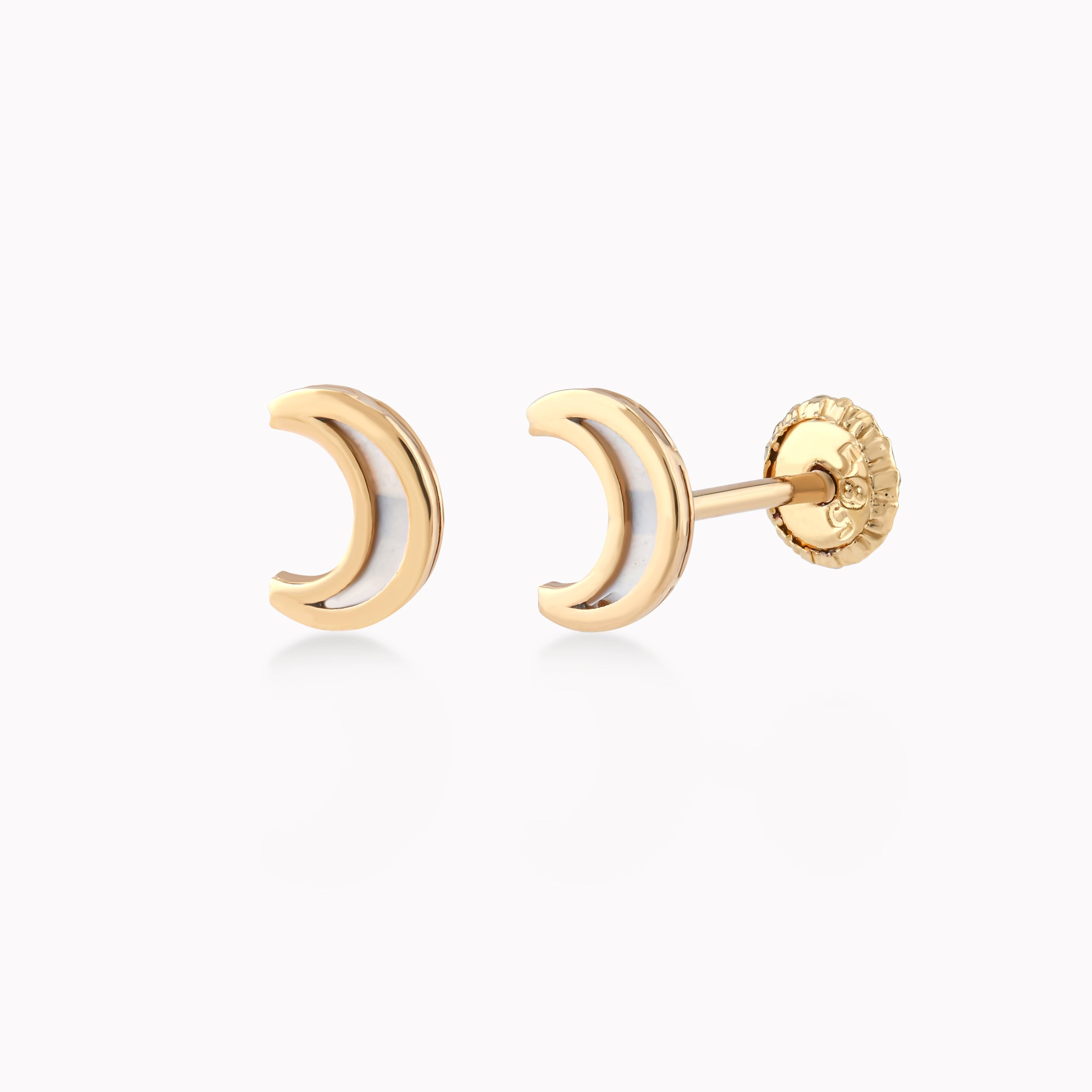 14k Yellow Gold Earrings With Mother of Pearl, Crescent, Protection 0.33gr