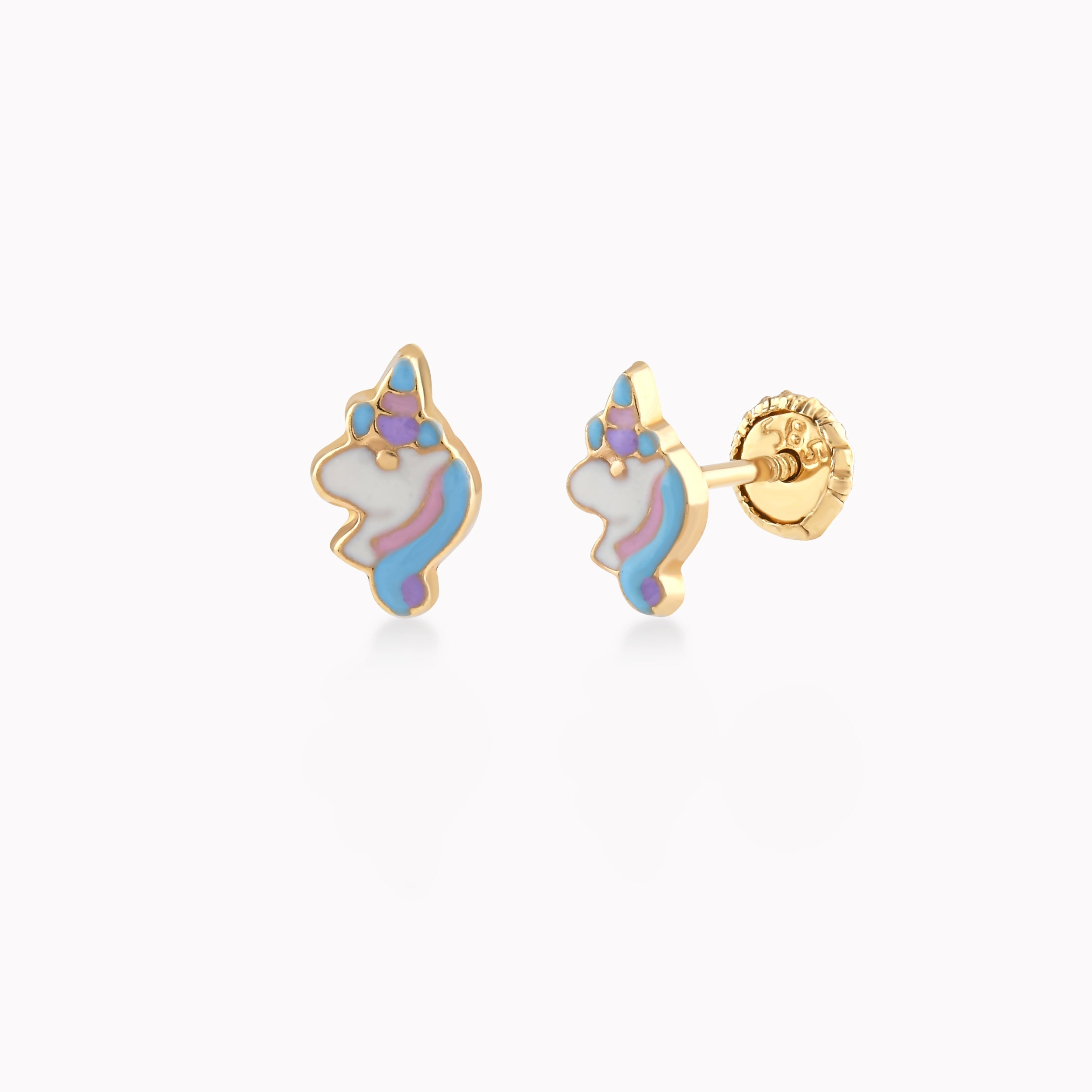 14k Yellow Gold Earrings With Enamel, Unicorn, Protection 0.22gr