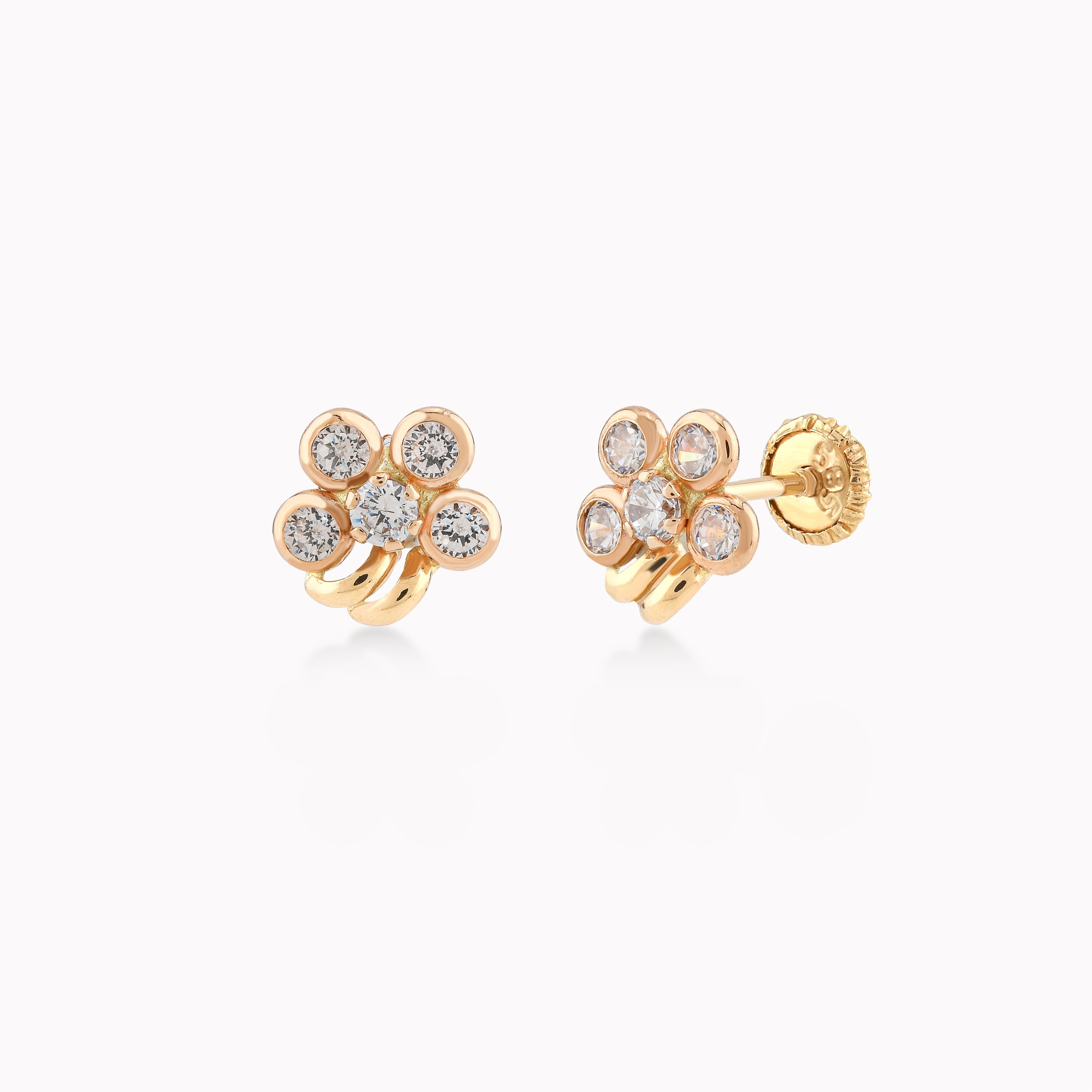 Yellow Gold 14k Earrings With Zirconium, Flower, Protection 0.48gr