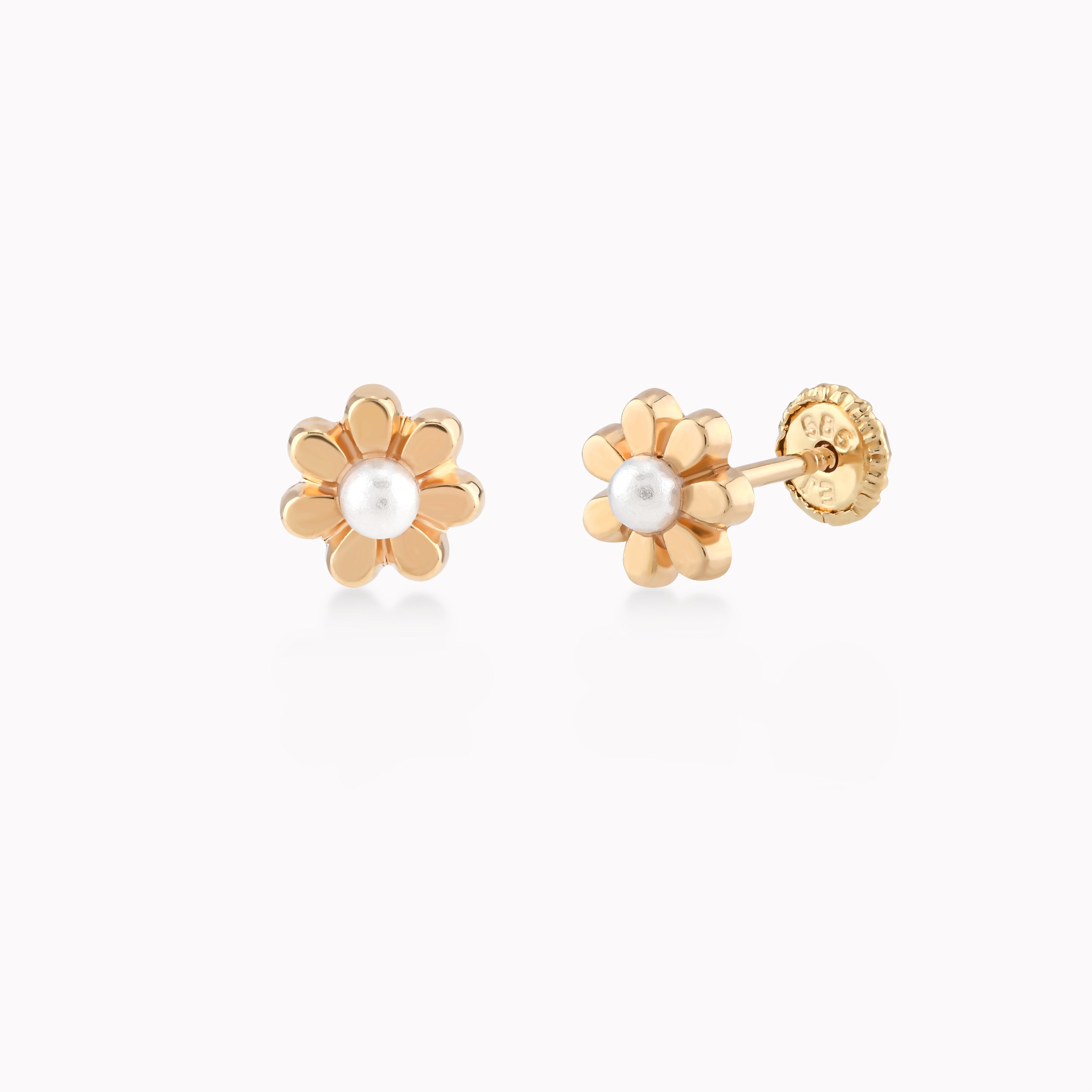 Yellow Gold 14k Earrings With Cultured Pearl, Flower, Protection 0.32gr