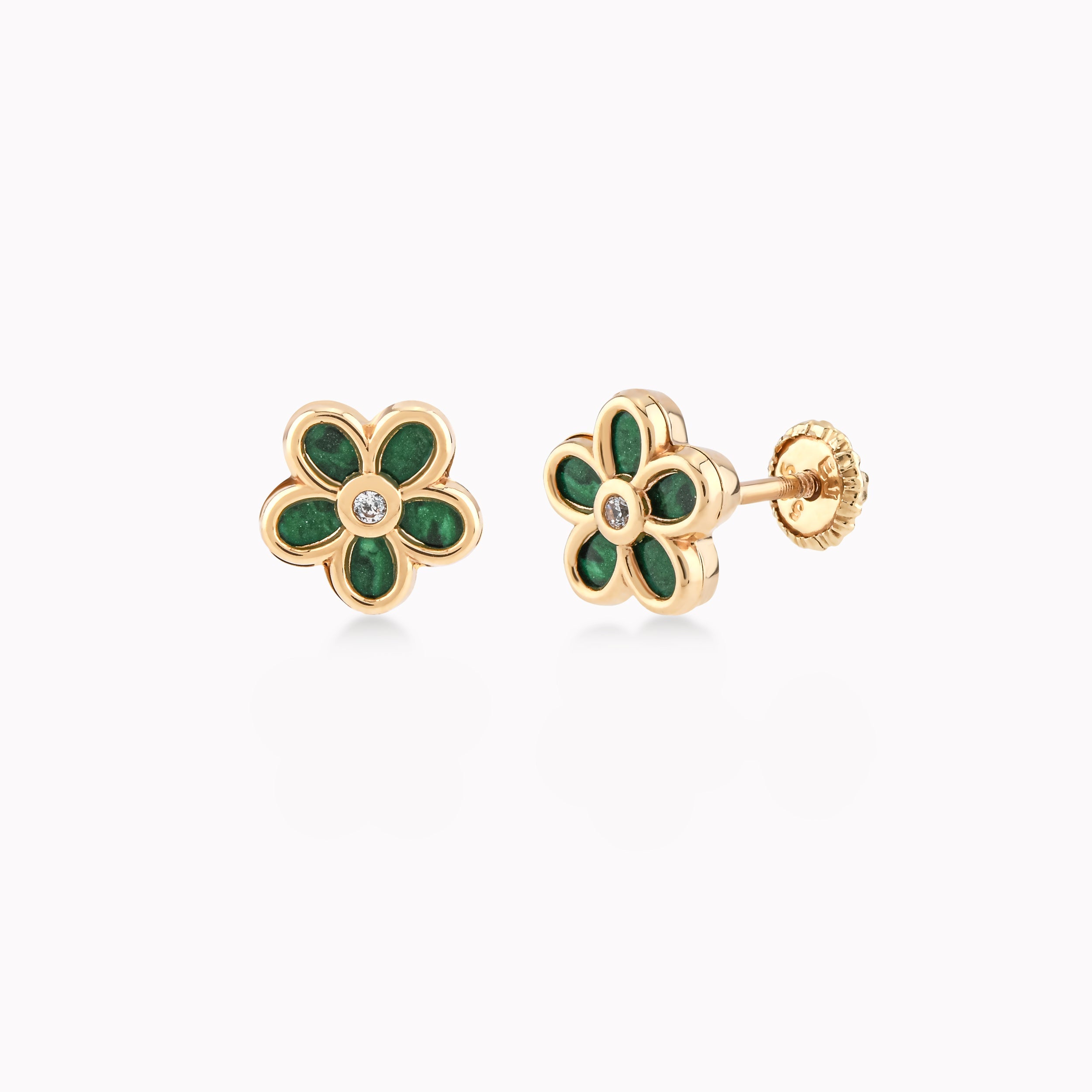Yellow Gold 14k Earrings With Enamel, Flower, Protection 0.46gr