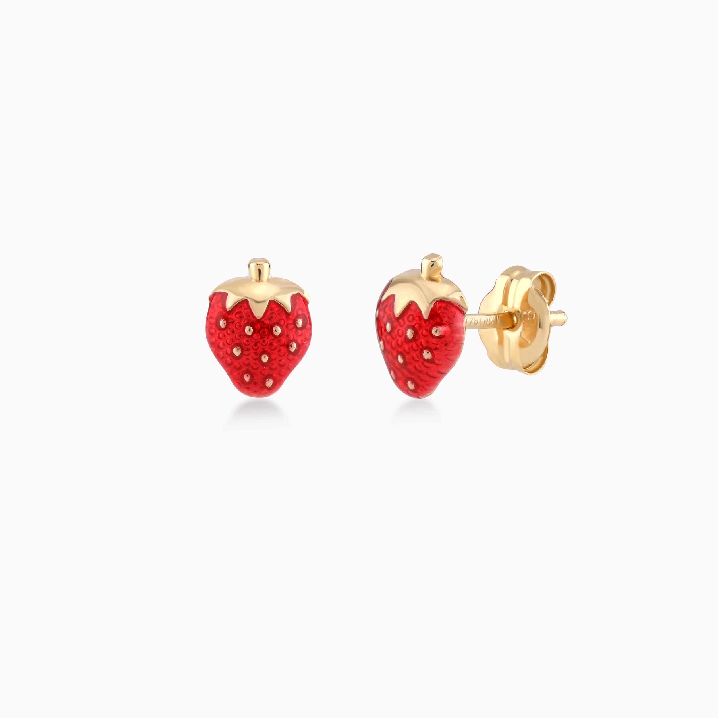Yellow Gold 14k Earrings With Enamel, Strawberries, with Screw 0.30gr