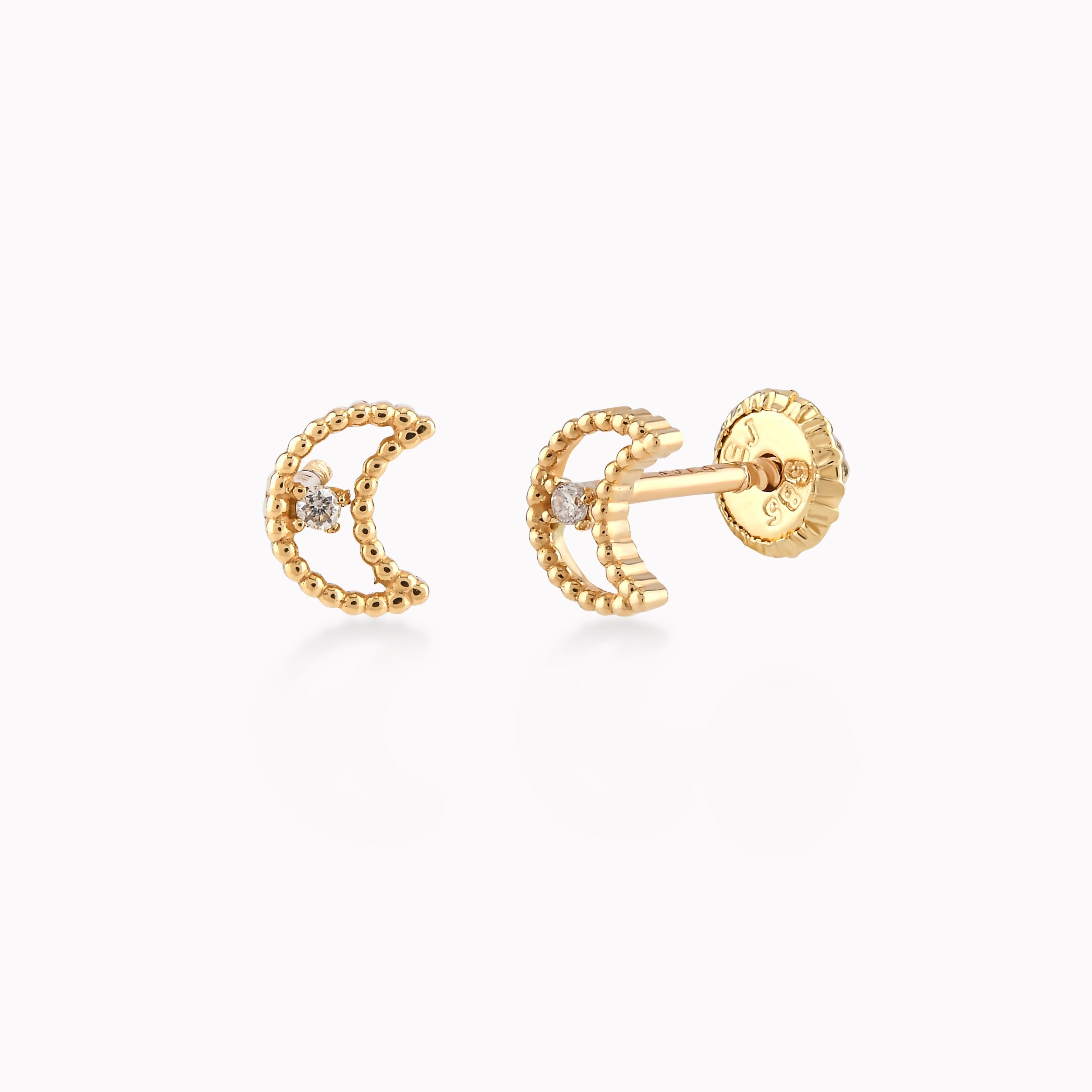 14k Yellow Gold Earrings With Diamond, Crescent 0.32gr