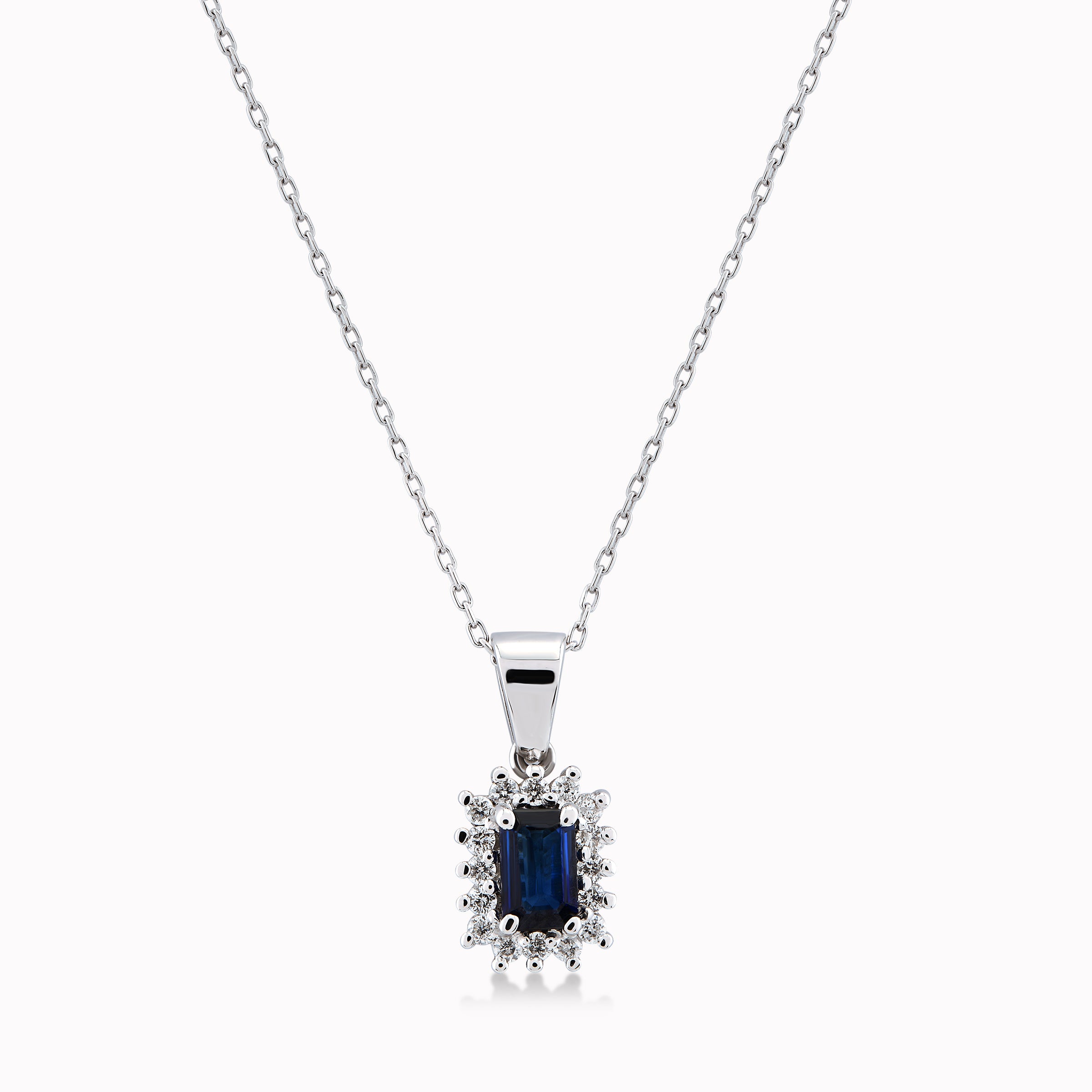 Chain with 14K White Gold Pendant with 0.13ct Diamonds and 0.20ct Sapphire