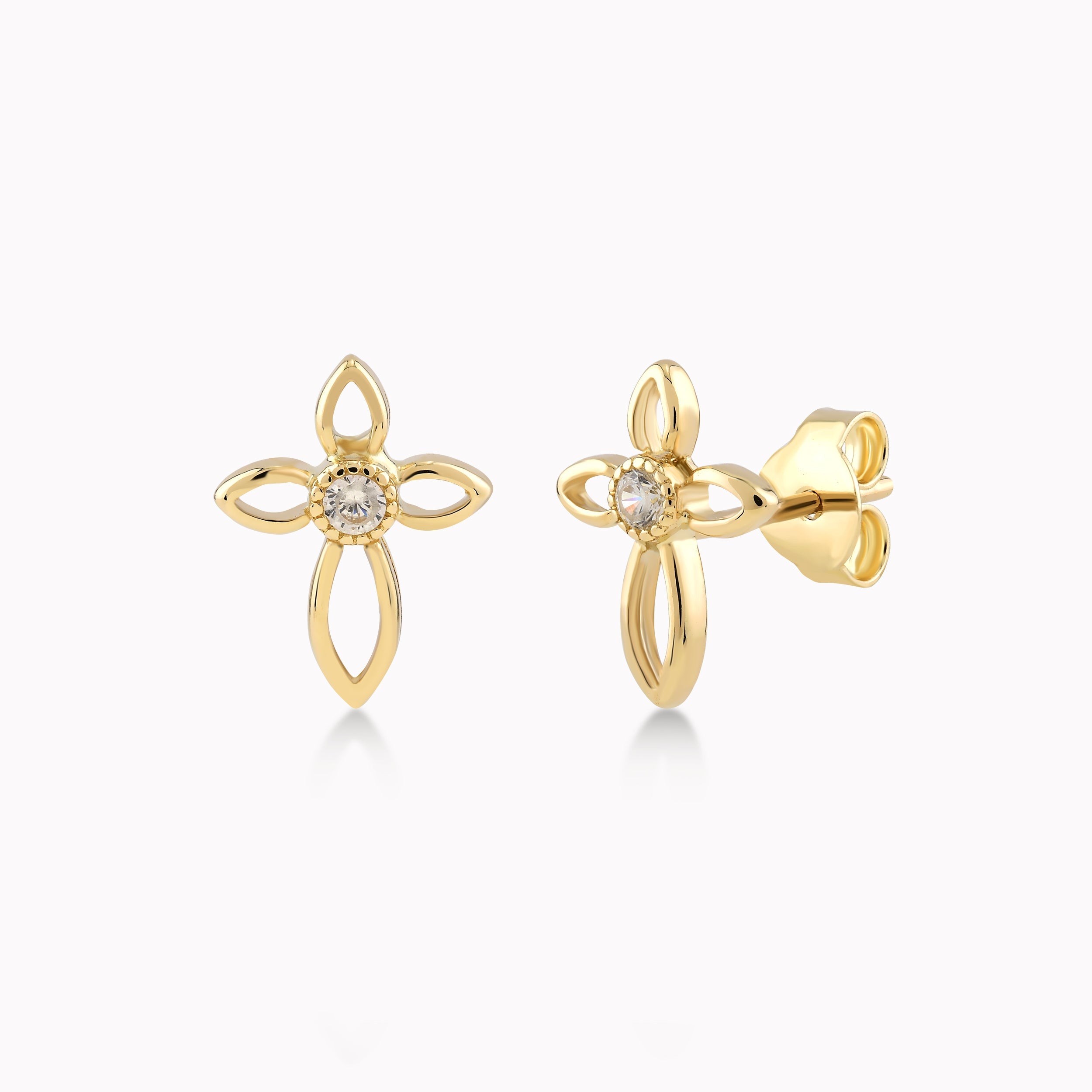 Yellow Gold 14K Earrings With White Zirconium, Stylized Cross 1.19gr