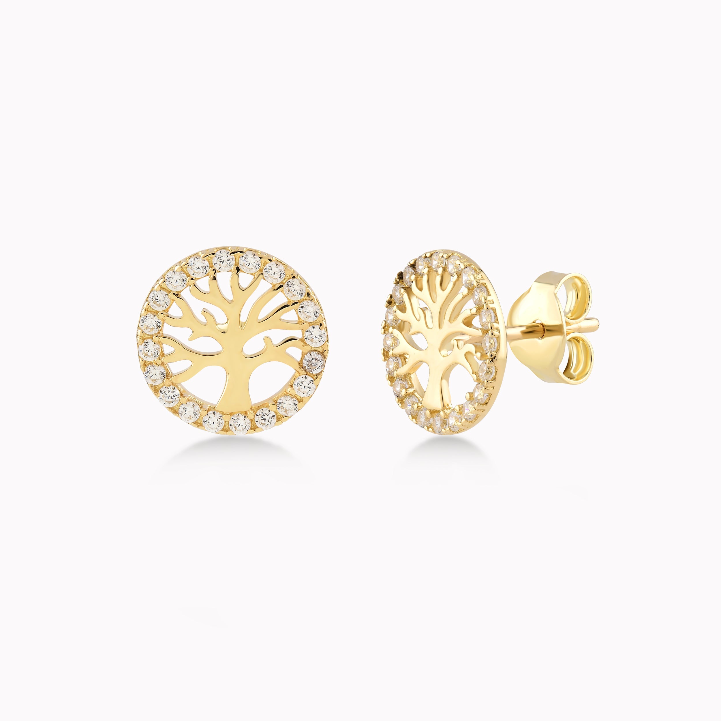 Yellow Gold 14K Earrings With White Zirconium, Tree of Life 1.70gr