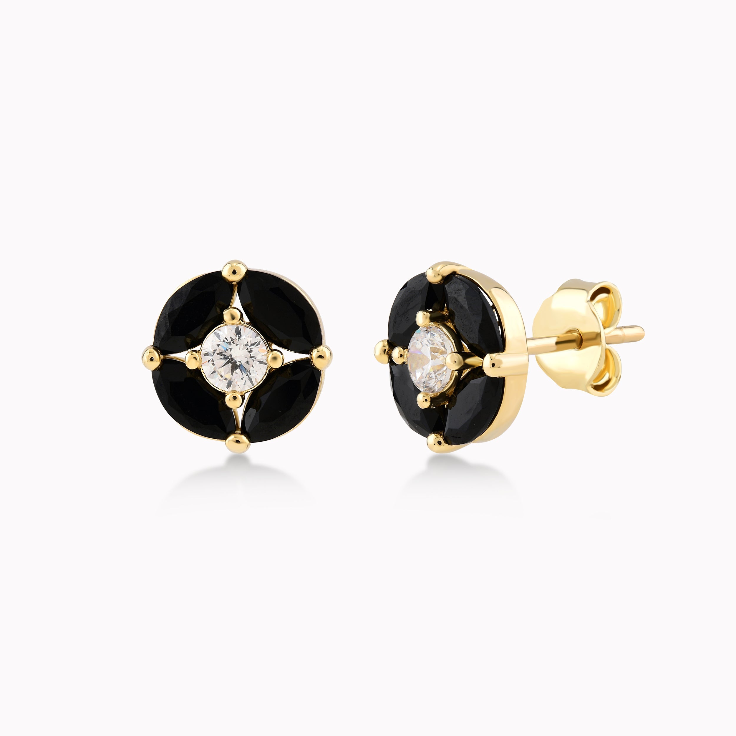 Yellow Gold 14K Earrings With Black And White Zirconium, Flower 1.54gr