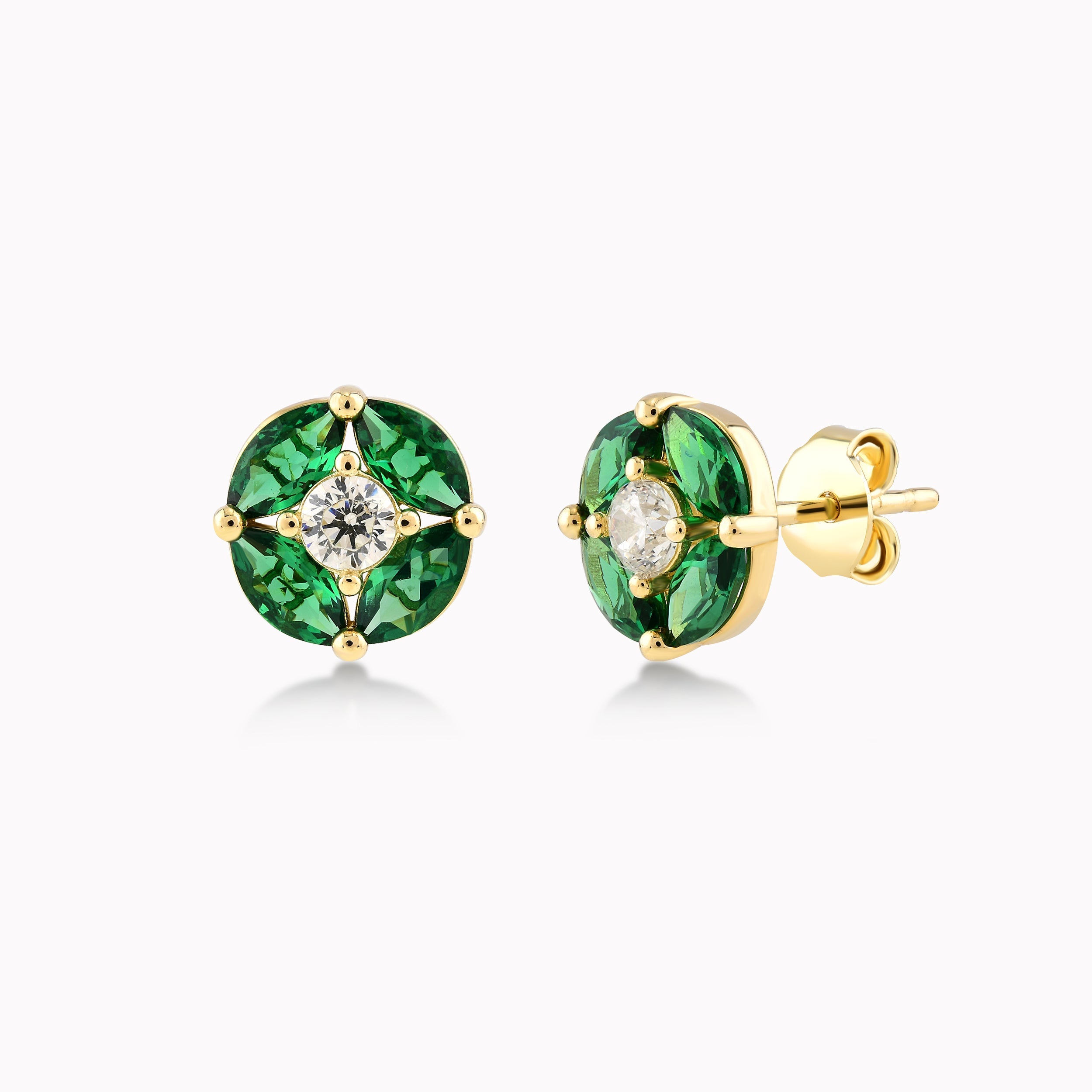 Yellow Gold 14K Earrings With Green And White Zirconium, Flower 1.60gr