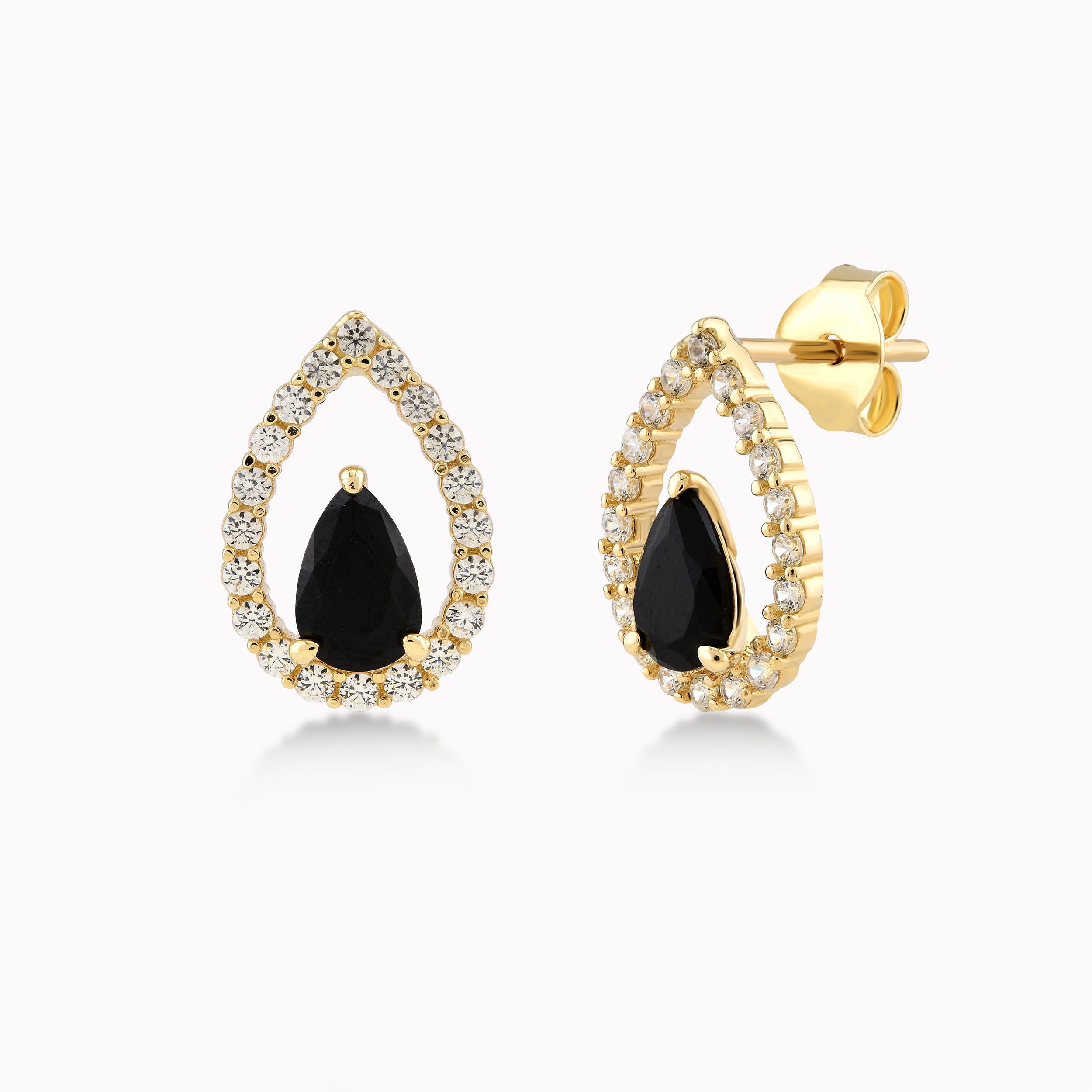Yellow Gold 14K Earrings With Black And White Zirconium, Teardrop 1.72gr
