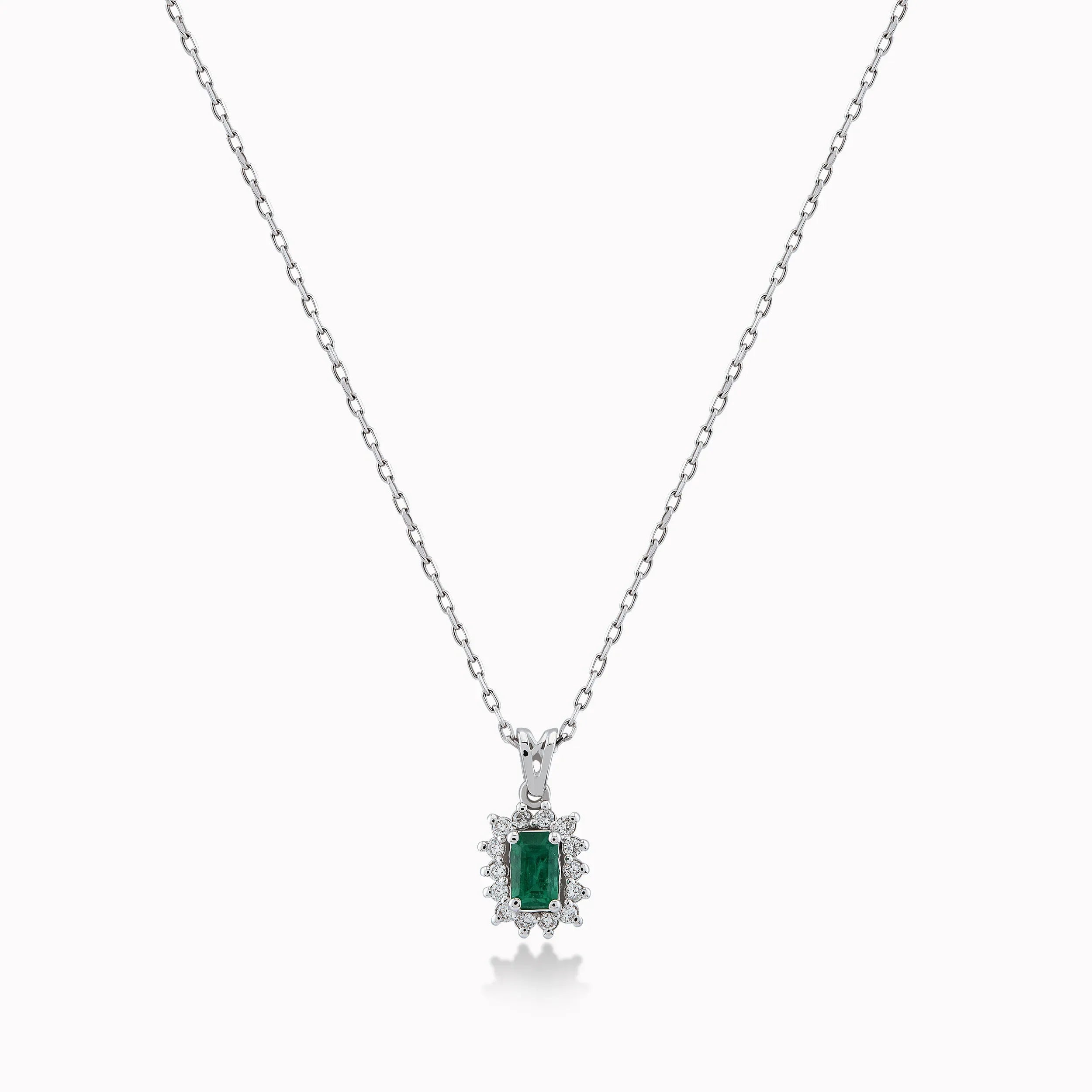 White Gold 14K Pendant Chain with Diamonds 0.11ct and Emerald 0.32ct
