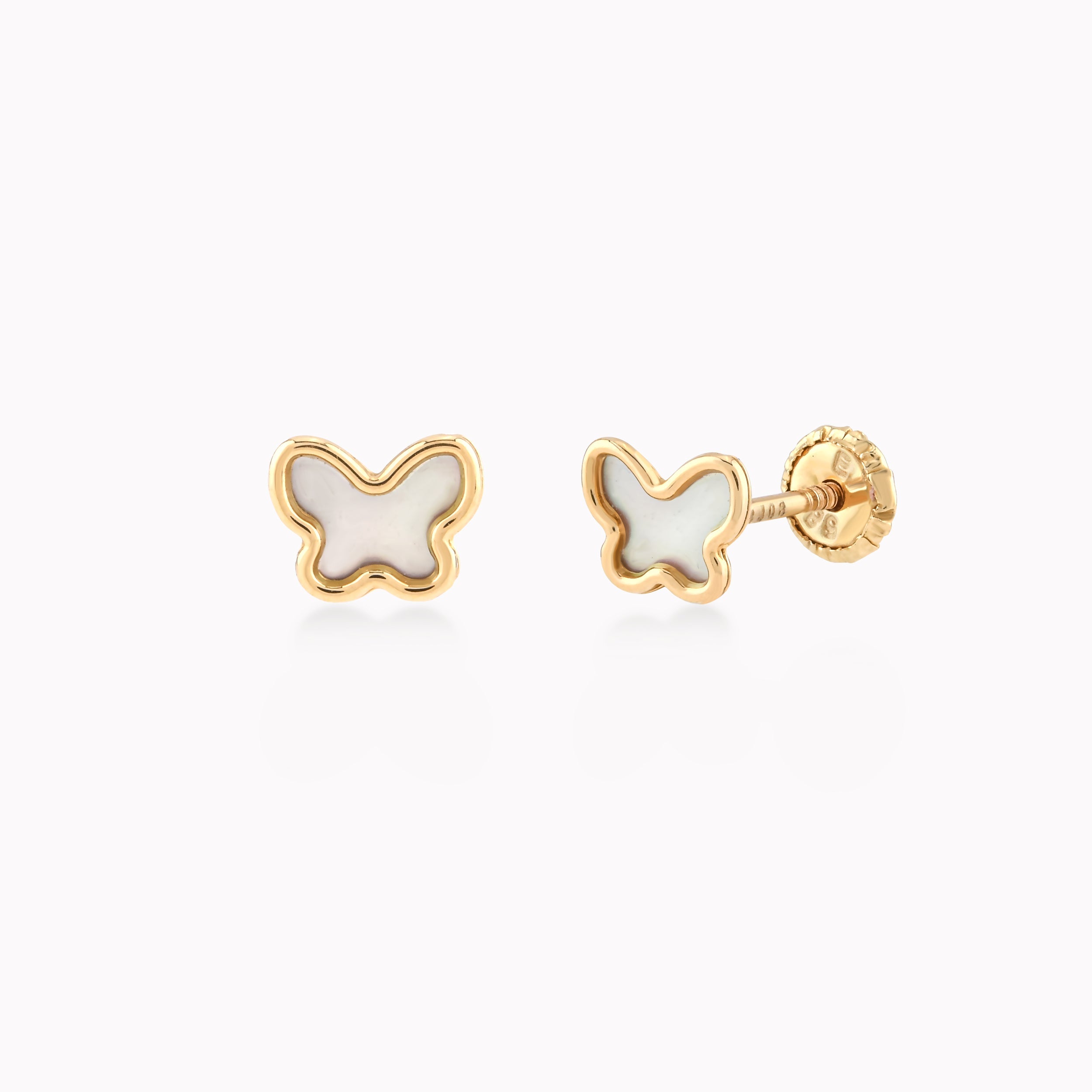 14k Yellow Gold Earrings With Mother-of-Pearl, Butterfly, Protection 0.28gr