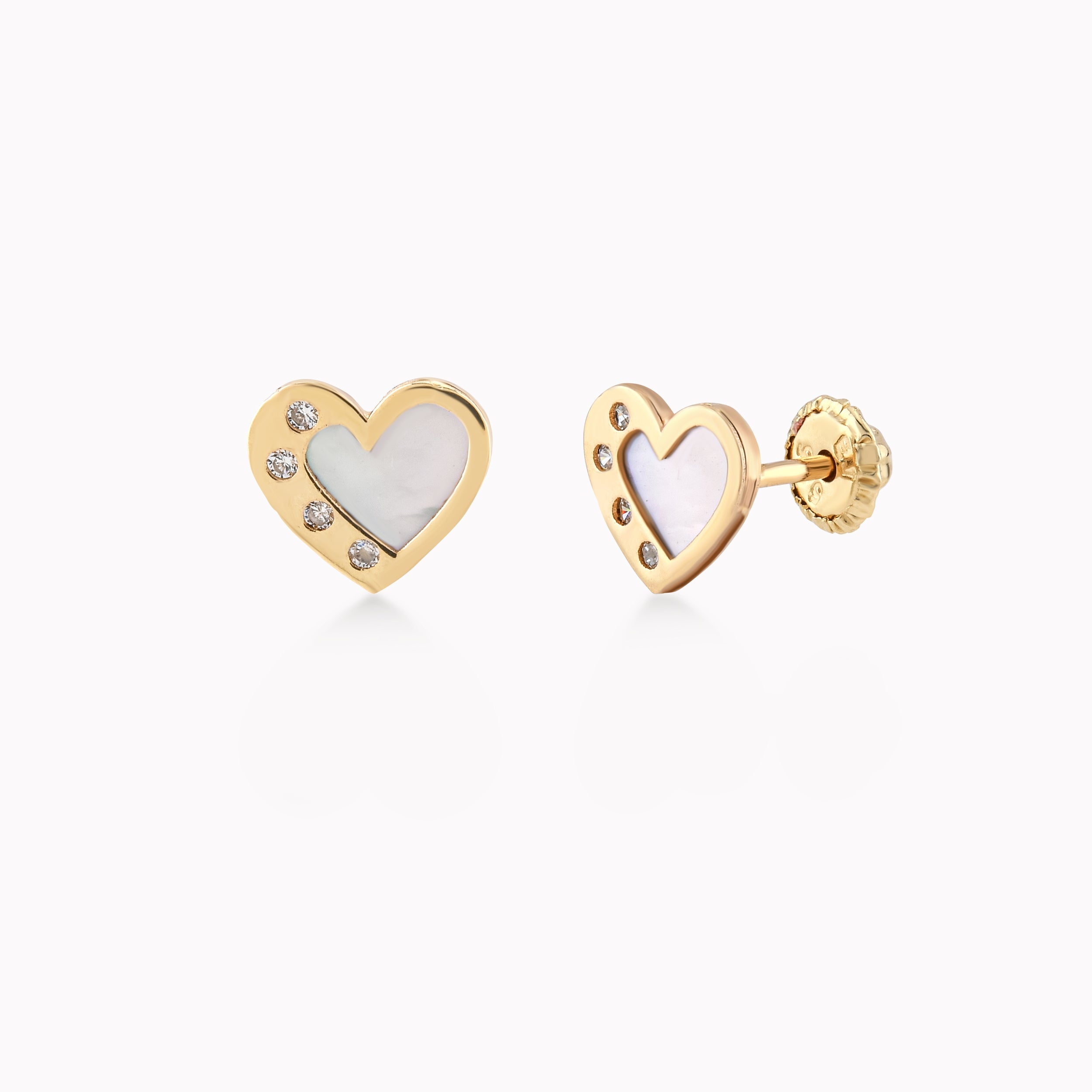 Yellow Gold Earrings 14k With Mother of Pearl And Zirconium, Heart, Protection 0.43gr