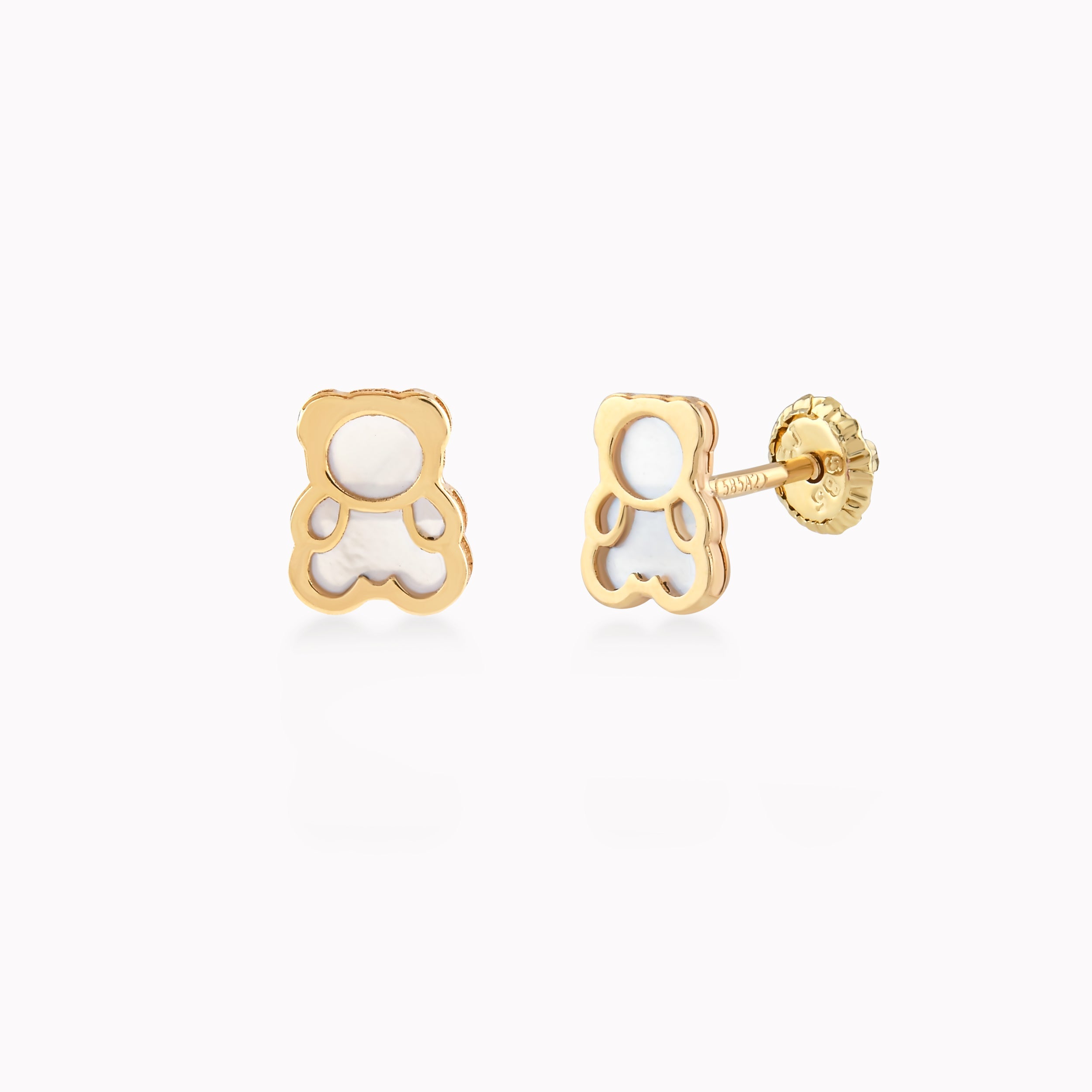 14k Yellow Gold Earrings With Mother-of-Pearl, Bear, Protection 0.40gr