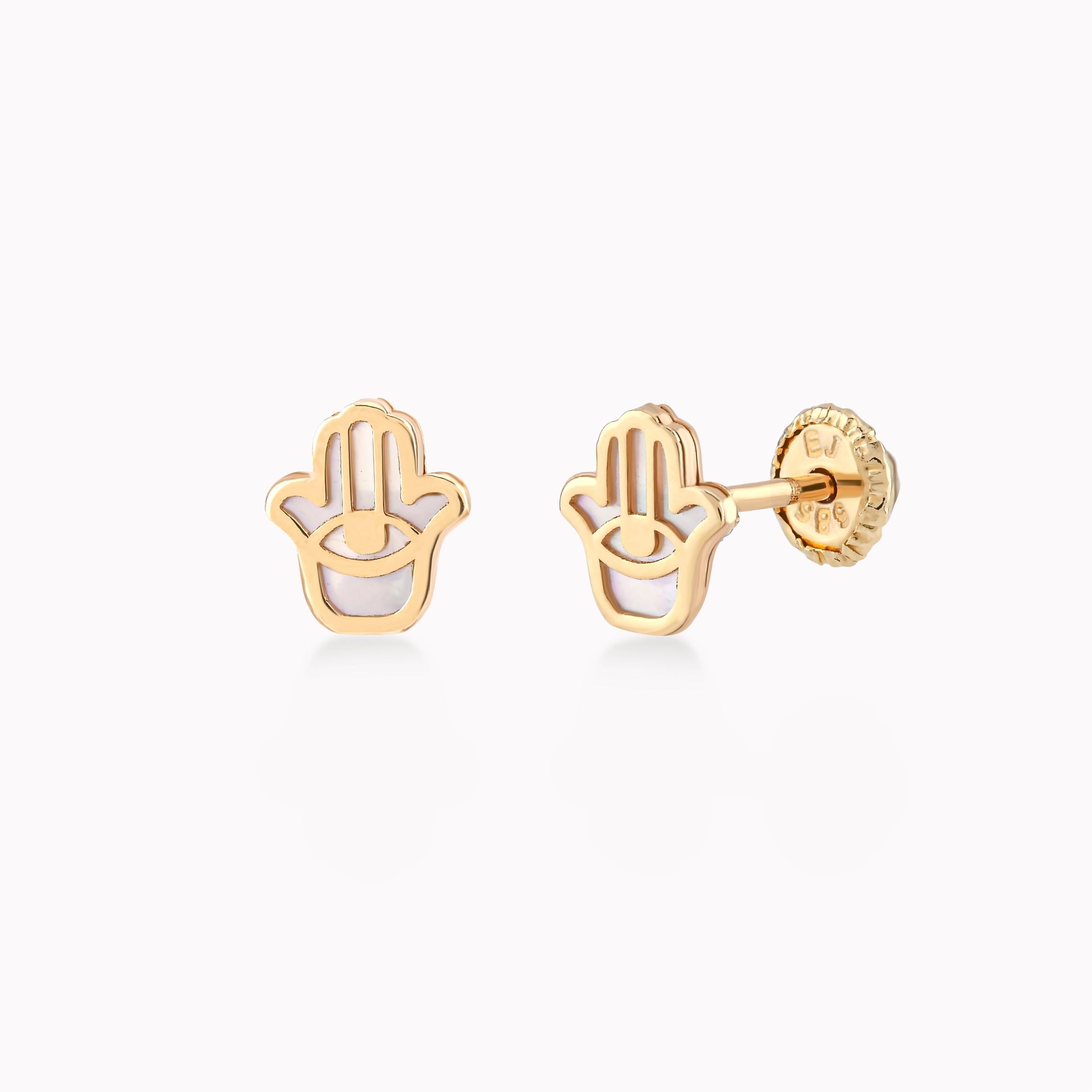 14k Yellow Gold Earrings with Mother of Pearl, Hamsa Hand of Fatima, Protection 0.32gr