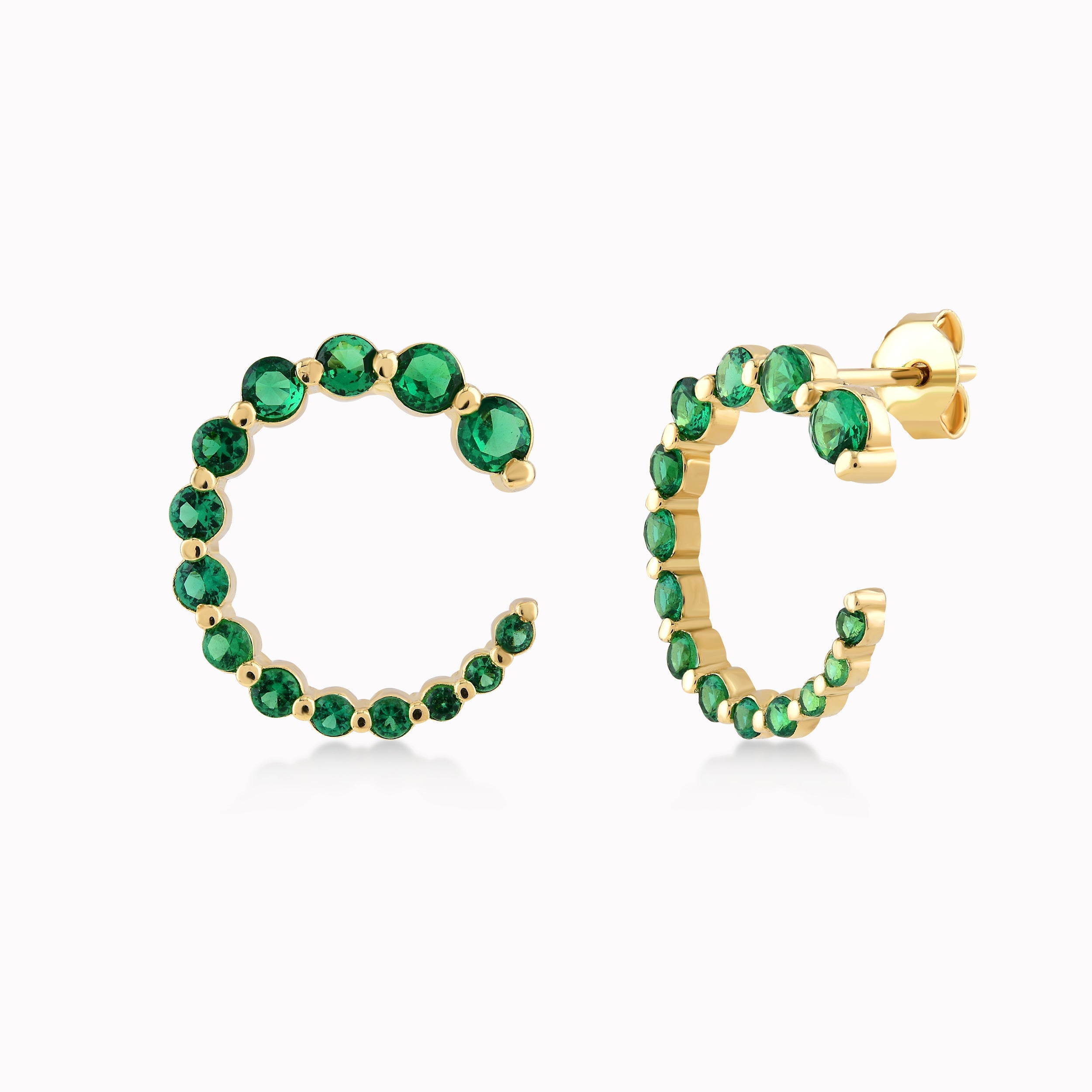 Yellow Gold 14K Earrings With Green Zirconium, Semi-hoop 2.11gr