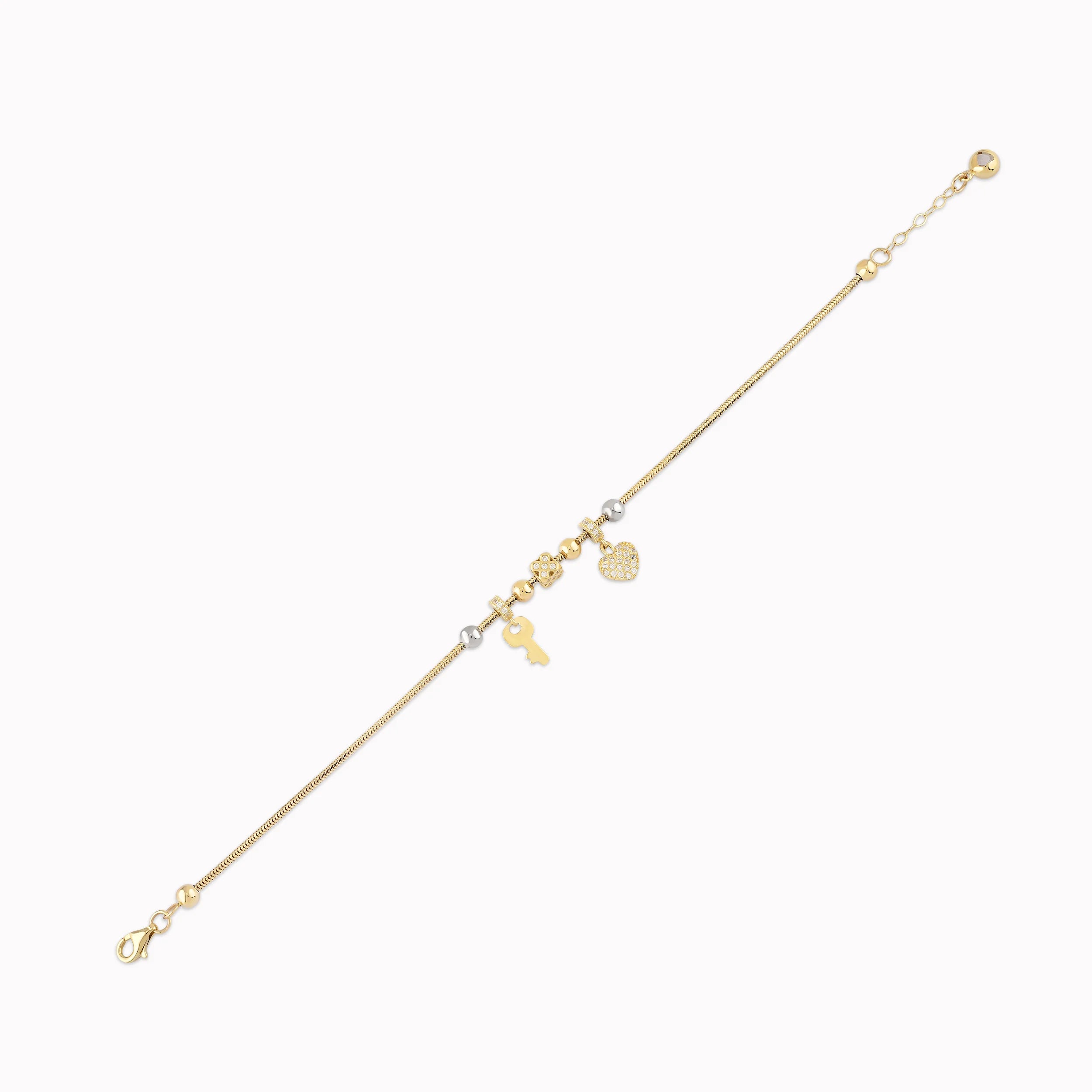 14K Yellow Gold Bracelet with White Zircon Heart and Key 4.28gr