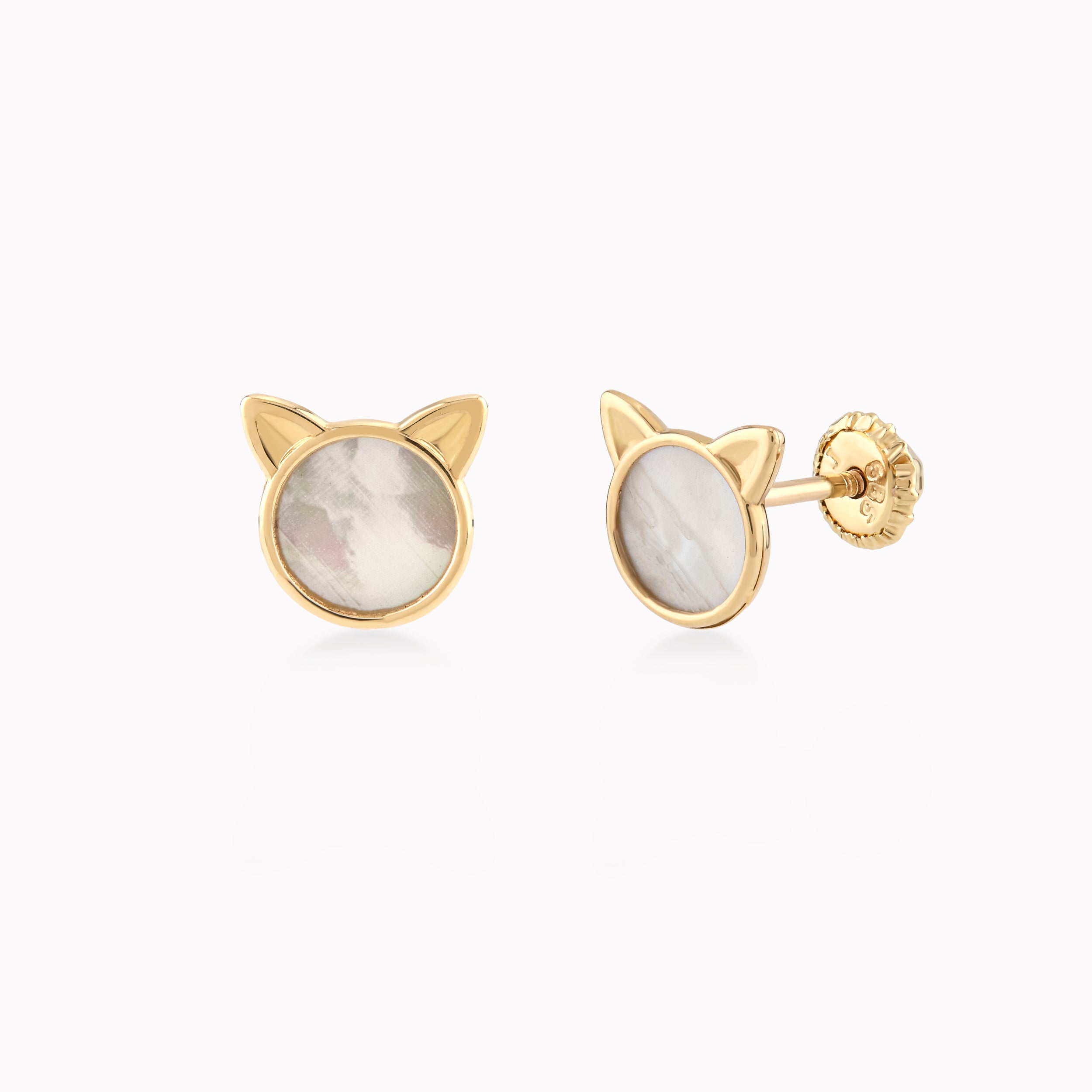 14k Yellow Gold Earrings With Mother-of-Pearl, Cat, Protection 0.34gr