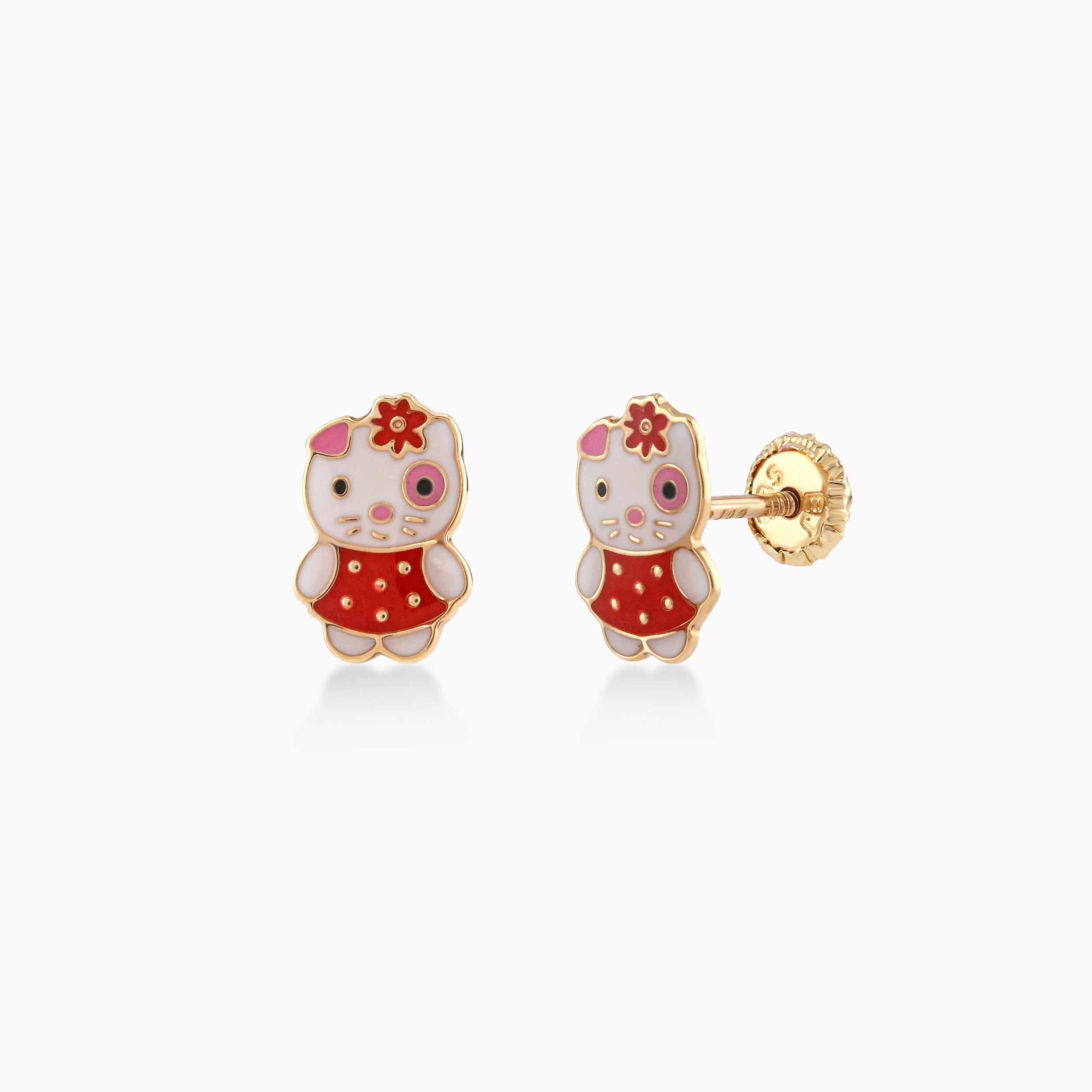 14k Yellow Gold Earrings With Enamel, Cat, Protection 0.26gr