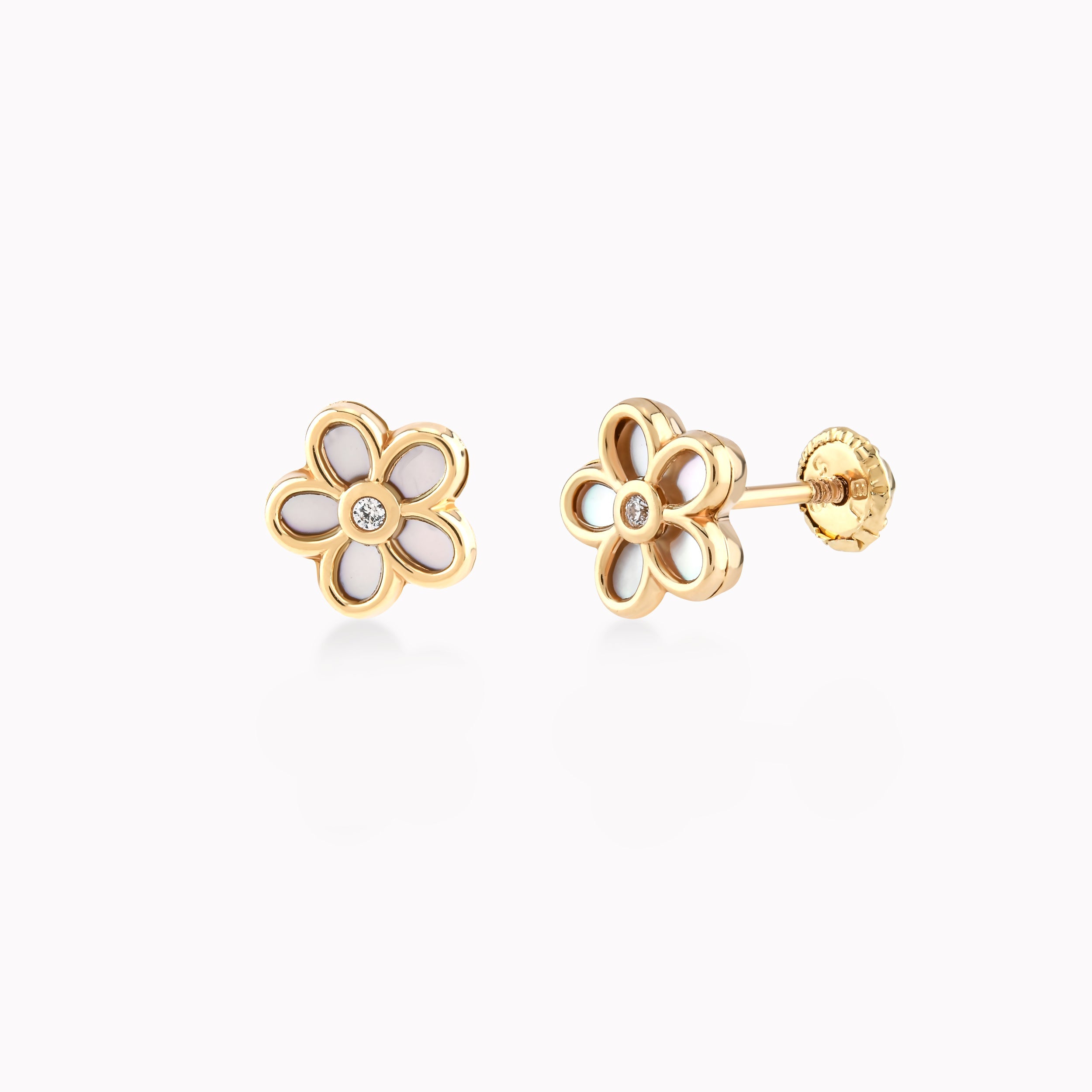 Yellow Gold 14k Earrings With Zirconium And Mother-of-Pearl, Flower, Protection 0.44gr