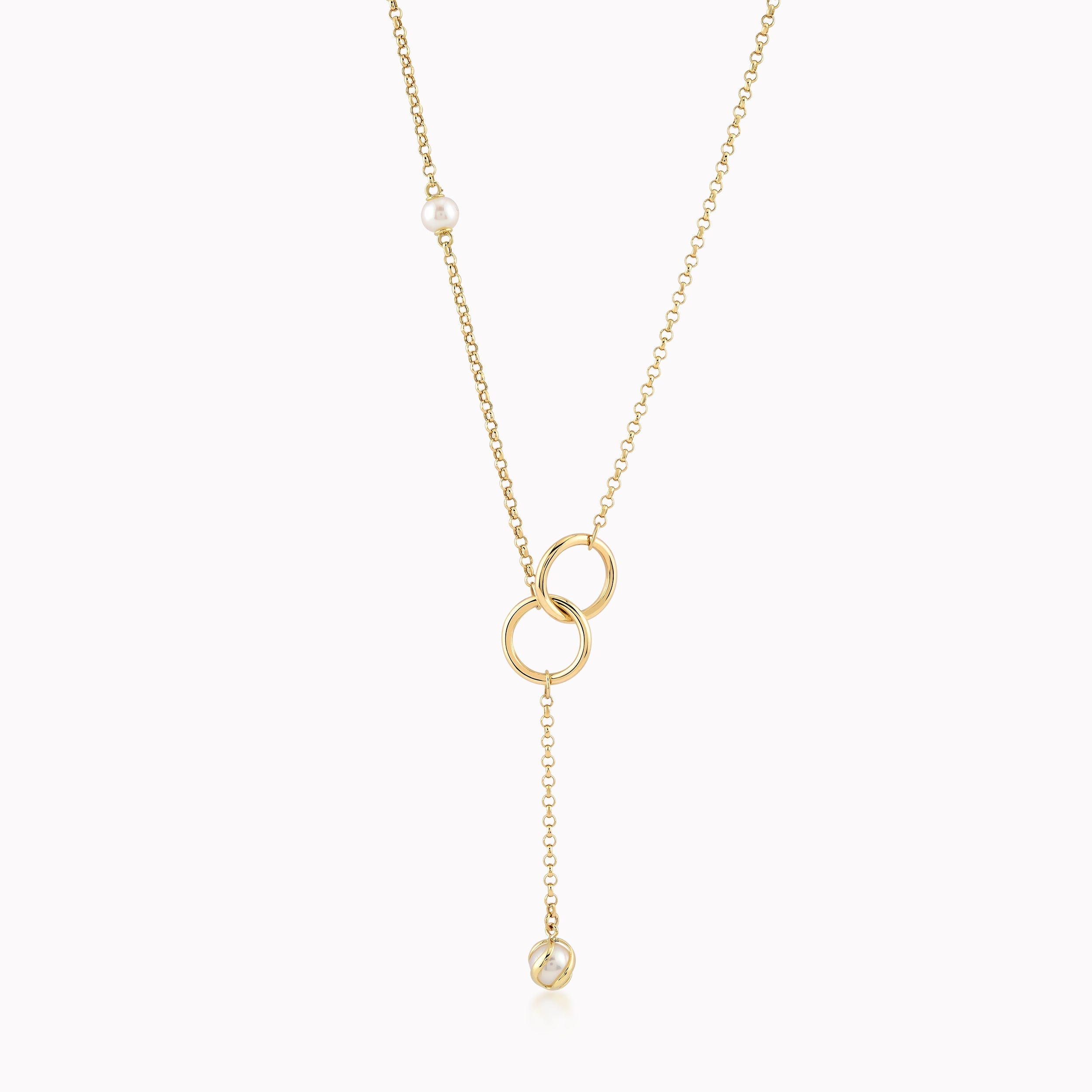 Yellow Gold 14K Necklace With Cultured Pearl And Circles 5.15gr