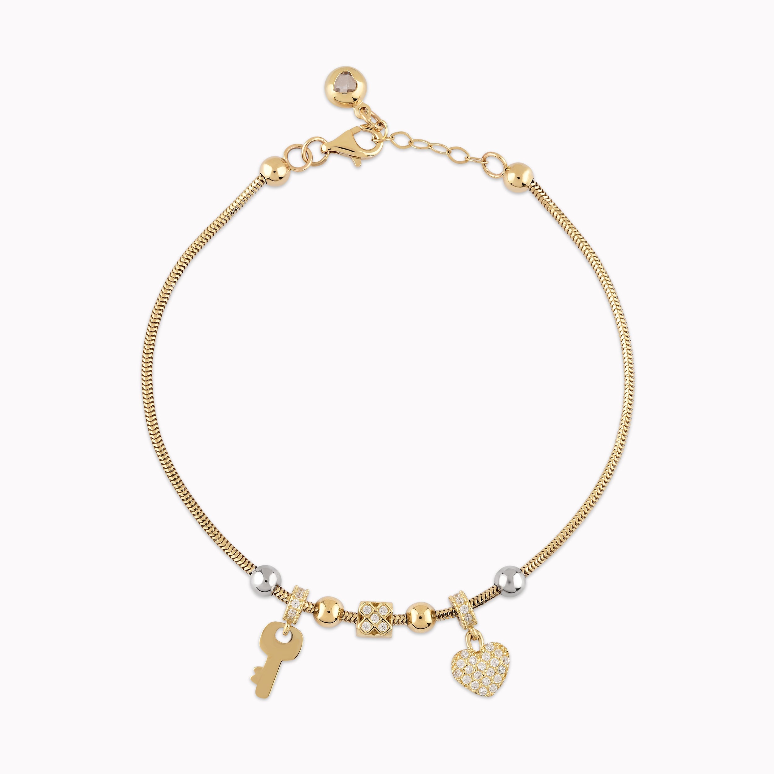 14K Yellow Gold Bracelet with White Zircon Heart and Key 4.28gr