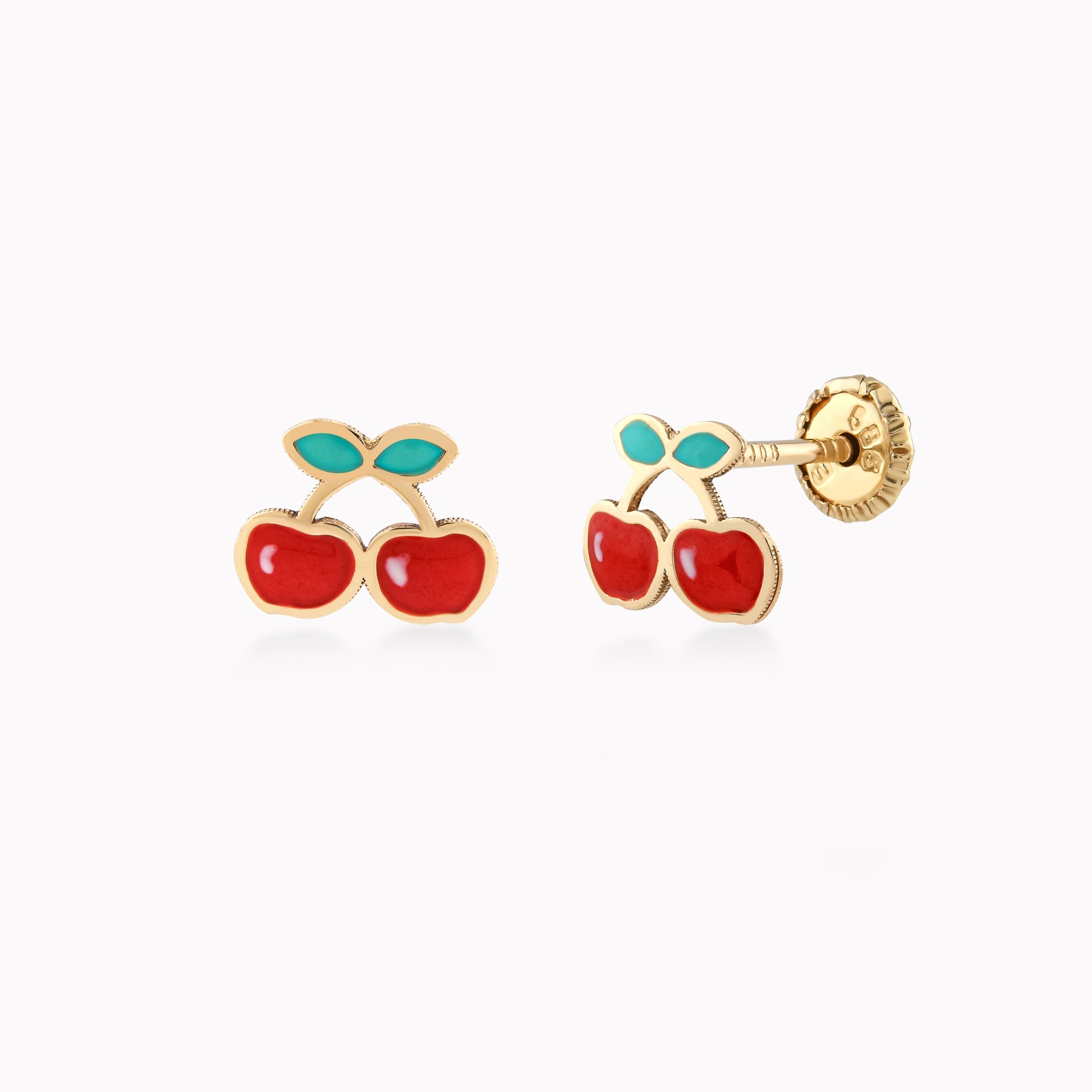 14k Yellow Gold Earrings With Enamel, Cherries, Protection 0.32gr