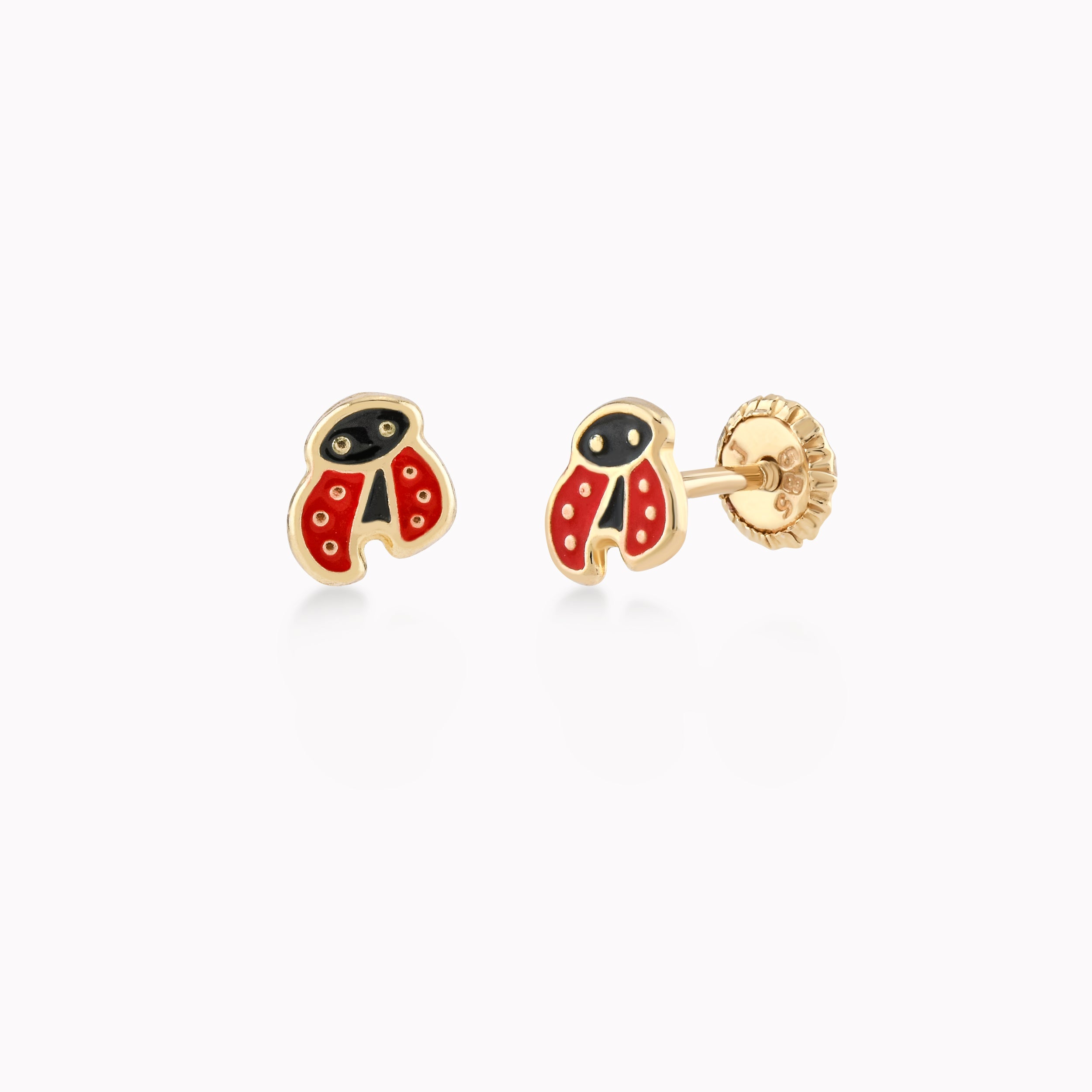 14k Yellow Gold Earrings With Enamel, Ladybugs with Wings, Protection 0.22gr