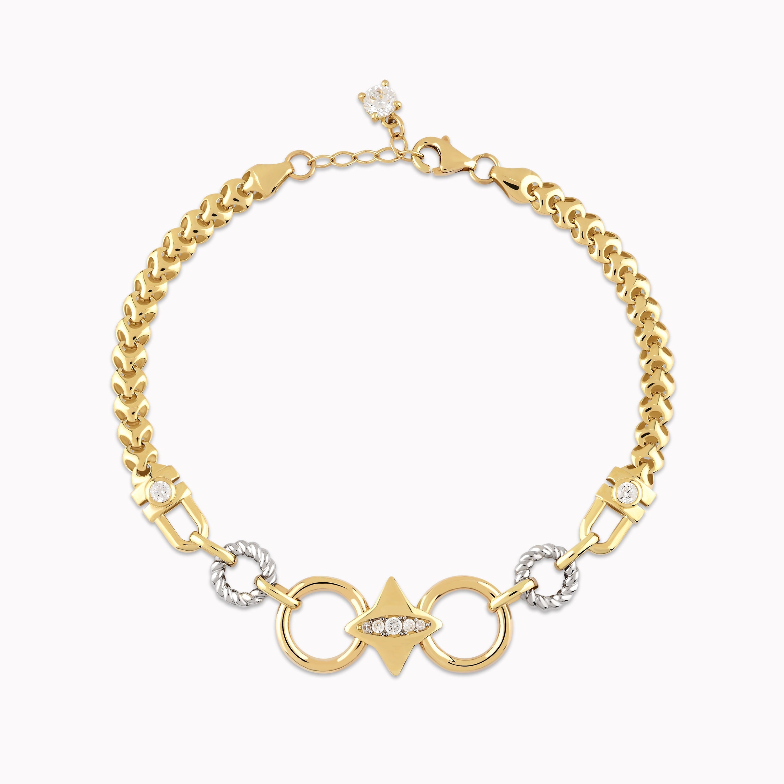14K Yellow Gold Bracelet with White Zircon Star and White Gold Circles 6.17gr