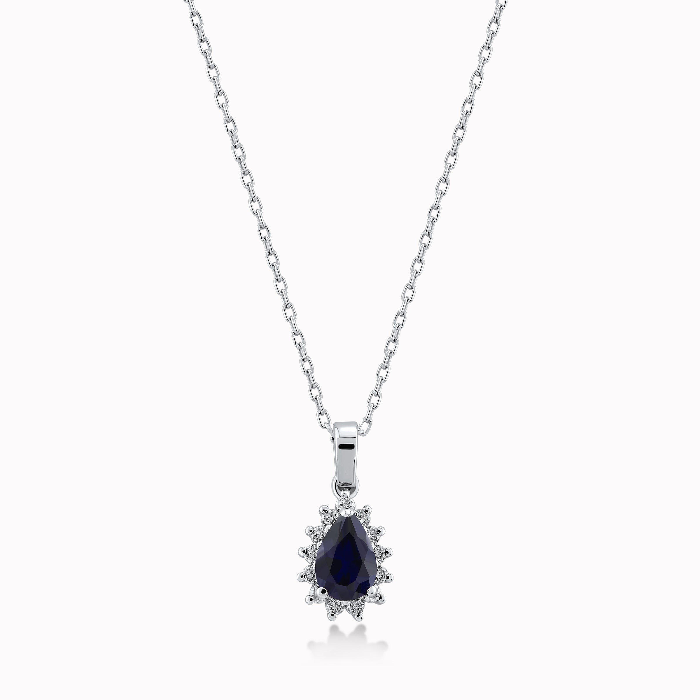 Chain with 14K White Gold Pendant with 0.10ct Diamonds and 0.50ct Sapphire
